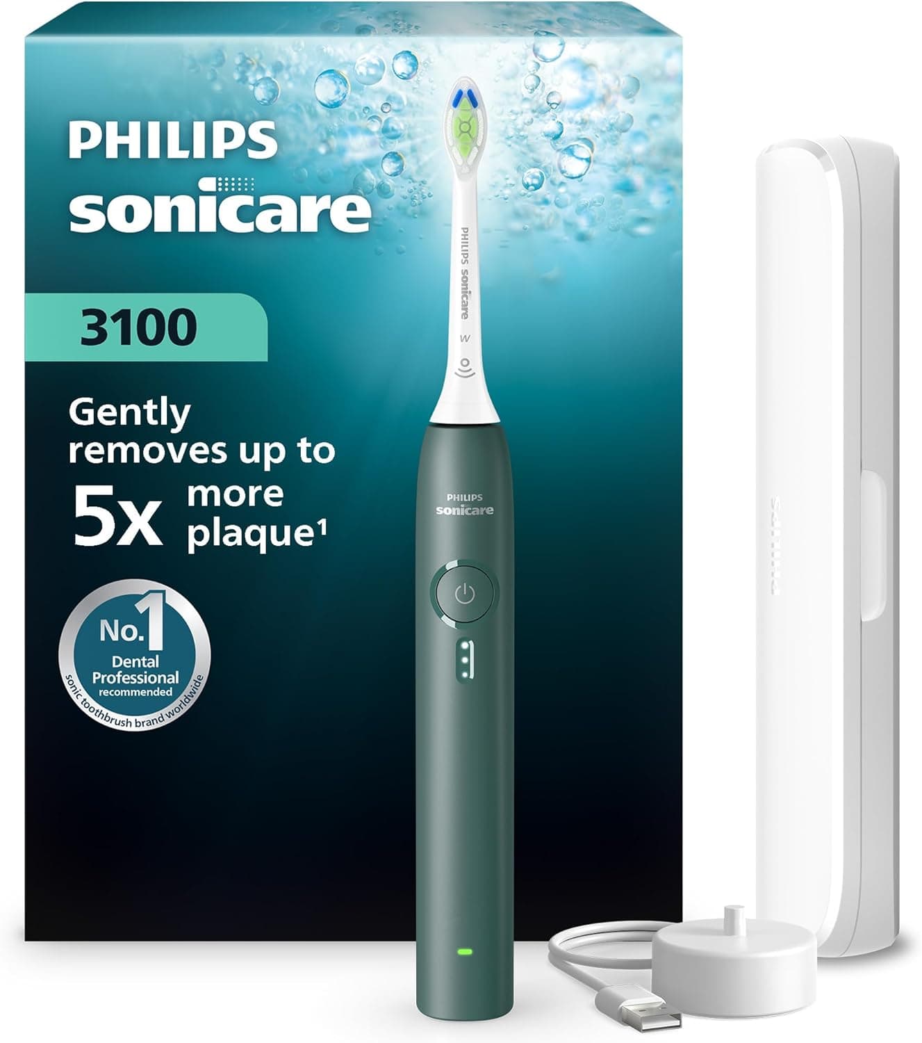 Philips Sonicare Serie 3100 - Cepillo dental sónico con sensor de presión, 3 niveles de intensidad, EasyStart, SmarTimer, autonomía de 14 días, estuche, verde bosque, HX4033/26, [Nuevo]