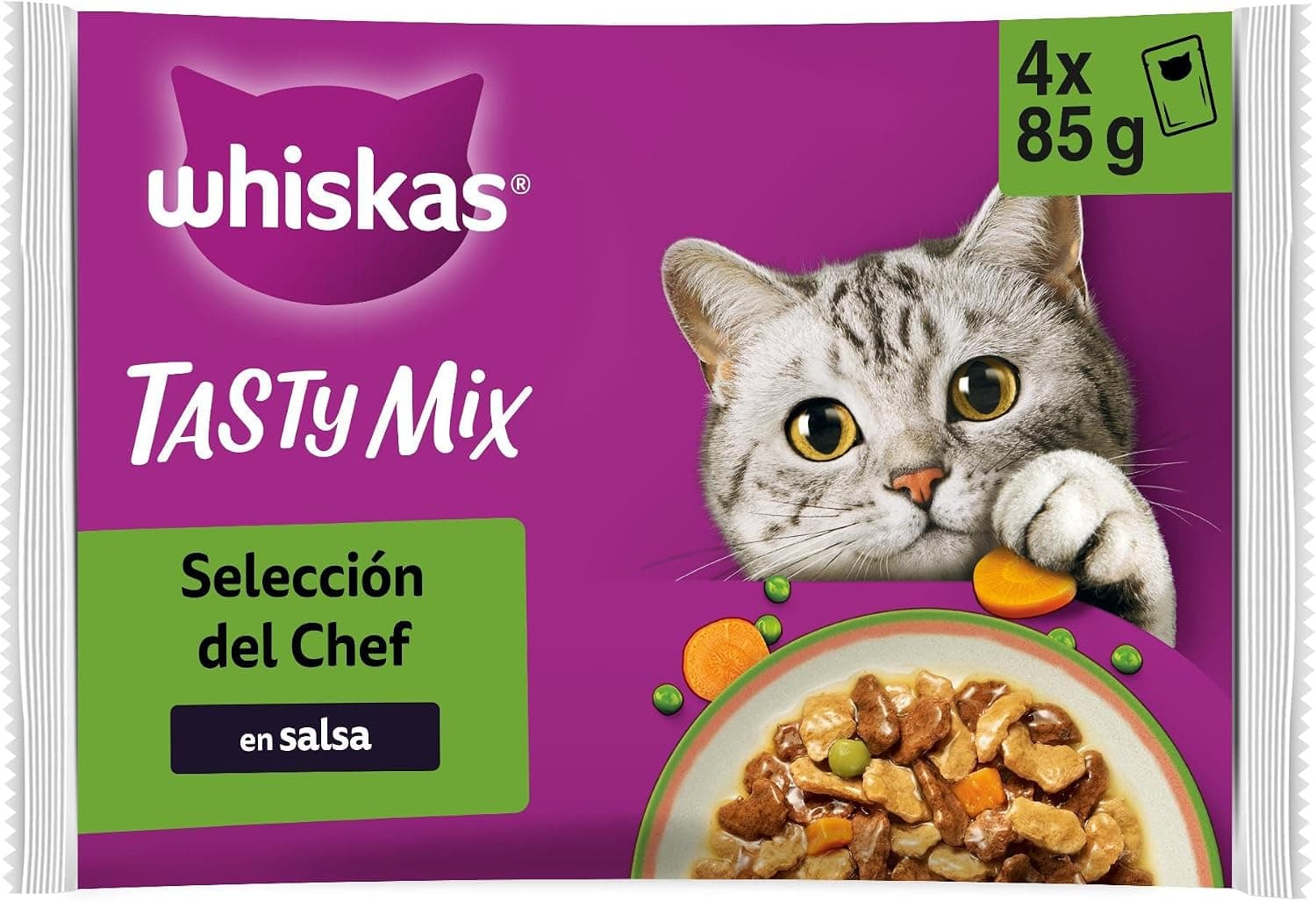 WHISKAS Tasty Mix Comida húmeda en Salsa Gatos Adultos Sel. Chef - 13 x 4 bolsitas x 85g