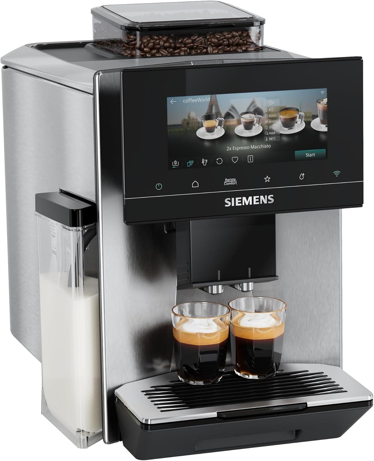 SIEMENS, cafetera superautomática, EQ900 iAroma, sabores personalizados, molienda precisa, pantalla grande para uso intuitivo, cafés personalizados, acero inoxidable, TQ923E03