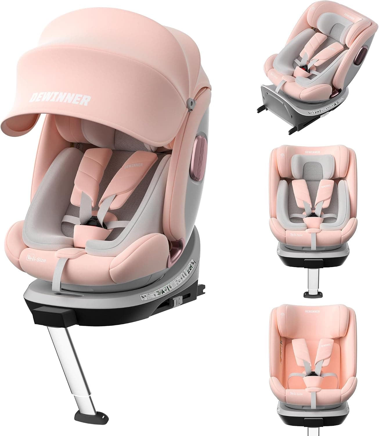 DEWINNER Sillas de Coche ISOFIX,I-Size 40-150 cm (0-36 kg),Silla Coche Bebé Grupo 0+/1/2/3, 5 Puntos Sillas de Coche Giratoria 360, RWF, FWF, Ajustable,Techo Anti-UV y Pata de Apoyo, ECER129 (Rosa)