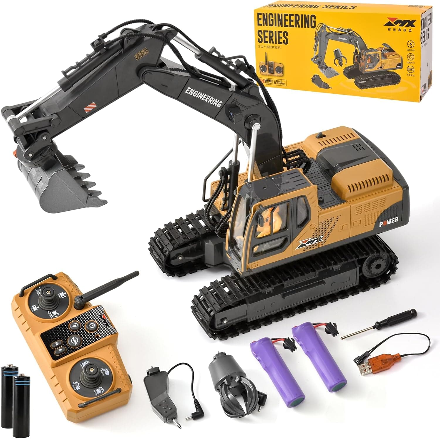 Excavadora RC 3 en 1 Radiocontrol con Cuchara Metálica Garra y Taladro 2.4GHz 14 Canales Rotación 680° Luces LED y 2 Baterías Juguete de Construcción Regalo para Niños 3-12 Años