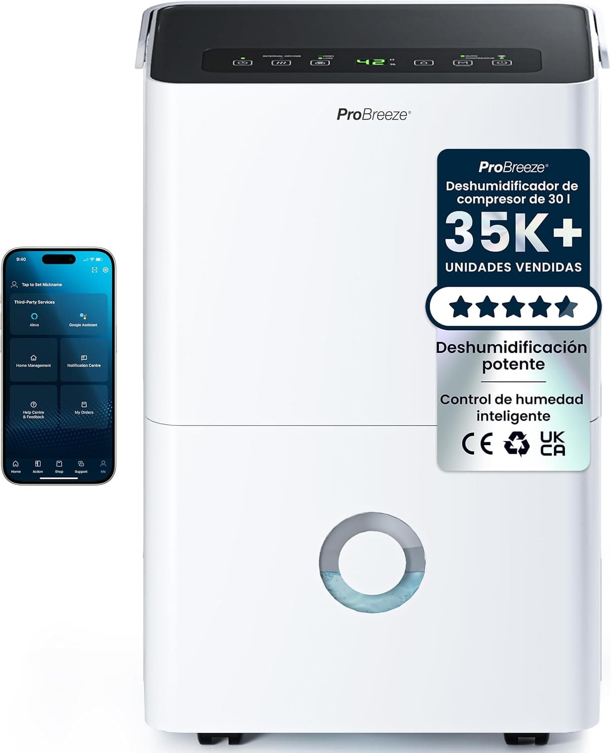 Pro Breeze Deshumidificador 30L/día con WiFi, Antihumedad, Deshumidificador Silencioso para Habitaciones hasta 30 m², Desagüe Continuo, 4 Modos, Temporizador 24 h, Seca la Ropa