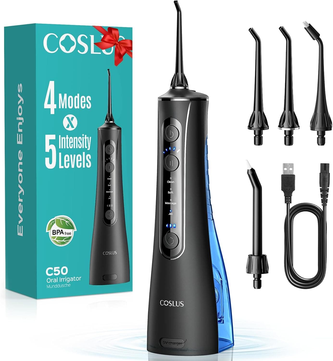 COSLUS Irrigador Dental Bucal Portatil: 4 Modos y 20 Presión - IPX7 Irrigador Bucal Inalámbrico para Salud Bucal Braces Encías Sensibles -Limpieza Dental de Viaje Hogar con 4 Boquillas -Negro Oscuro