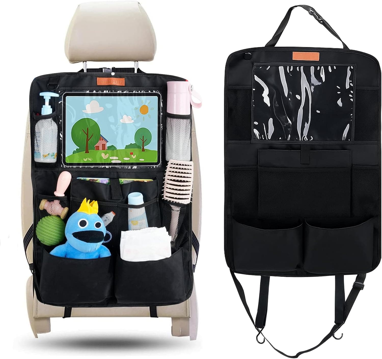 Protector Asiento Coche Organizador Multi-Bolsillos de Gran Capacidad con Almacenamiento para Tablet, Juguetes, Libros y Vasos, Oxford Impermeable para Niños, Negro SURFOU