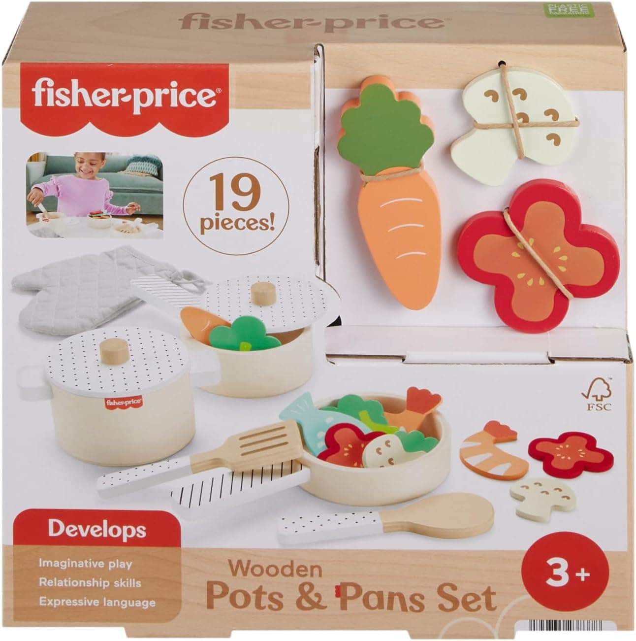 Fisher-Price Set de ollas y sartenes de Madera, Cocina de Juguete