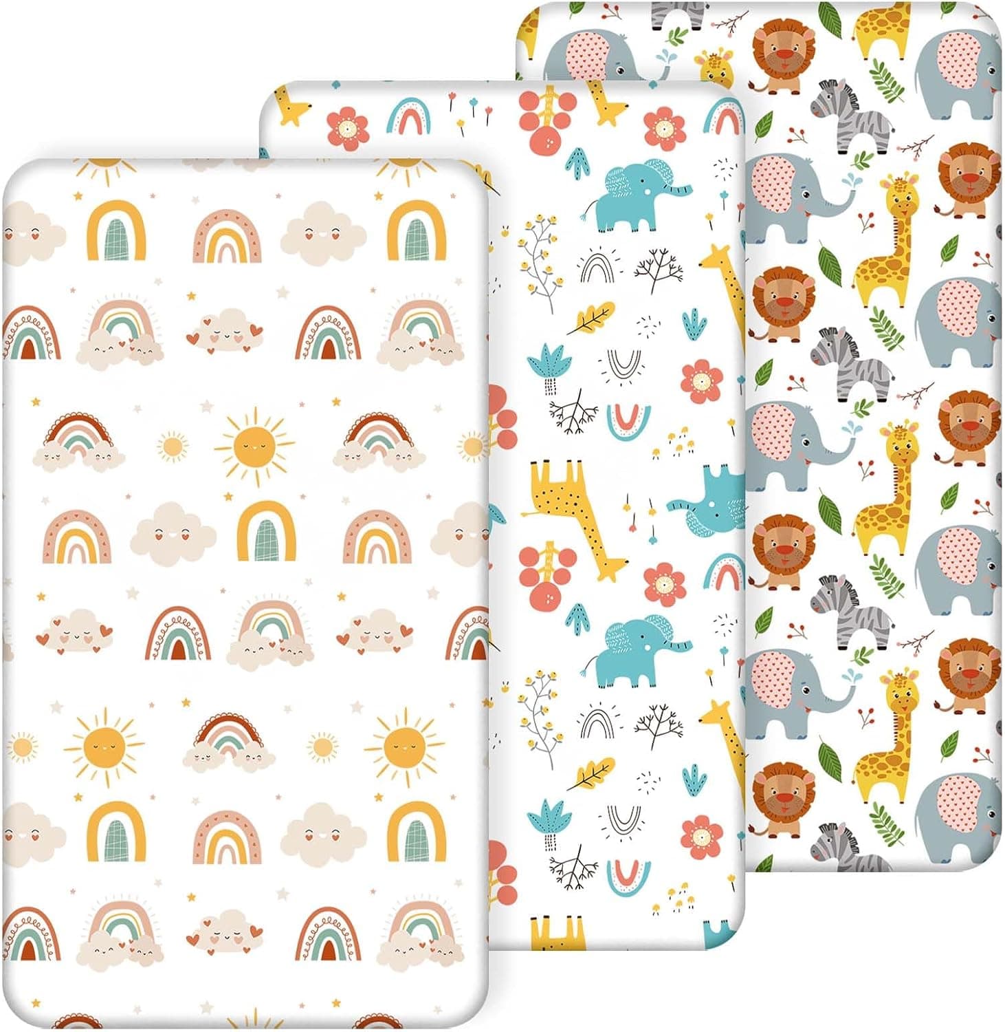 Aolso Sábana Minicuna 3pcs 60x120cm, Ajustable Con Elástico Para Colchón, Se Adapta Para Niños y Niñas, Suave Transpirable Poliéster Sábanas Capazo Carrito Bebe Infantiles, Fondo Beige/Blanco/Arcoíris