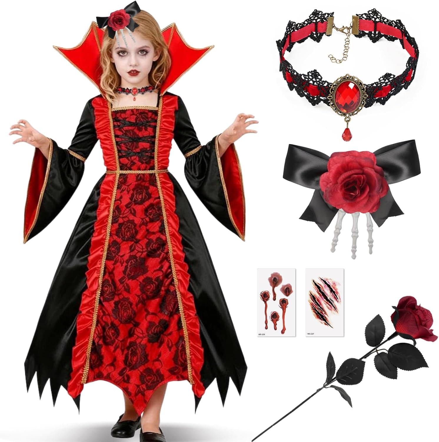 Disfraz de vampiro real para niñas, disfraz gótico de vampiro para niñas con un vestido de vampiro de estilo vintage, accesorio para el cabello, 3 calcomanías de Halloween y decoraciones de