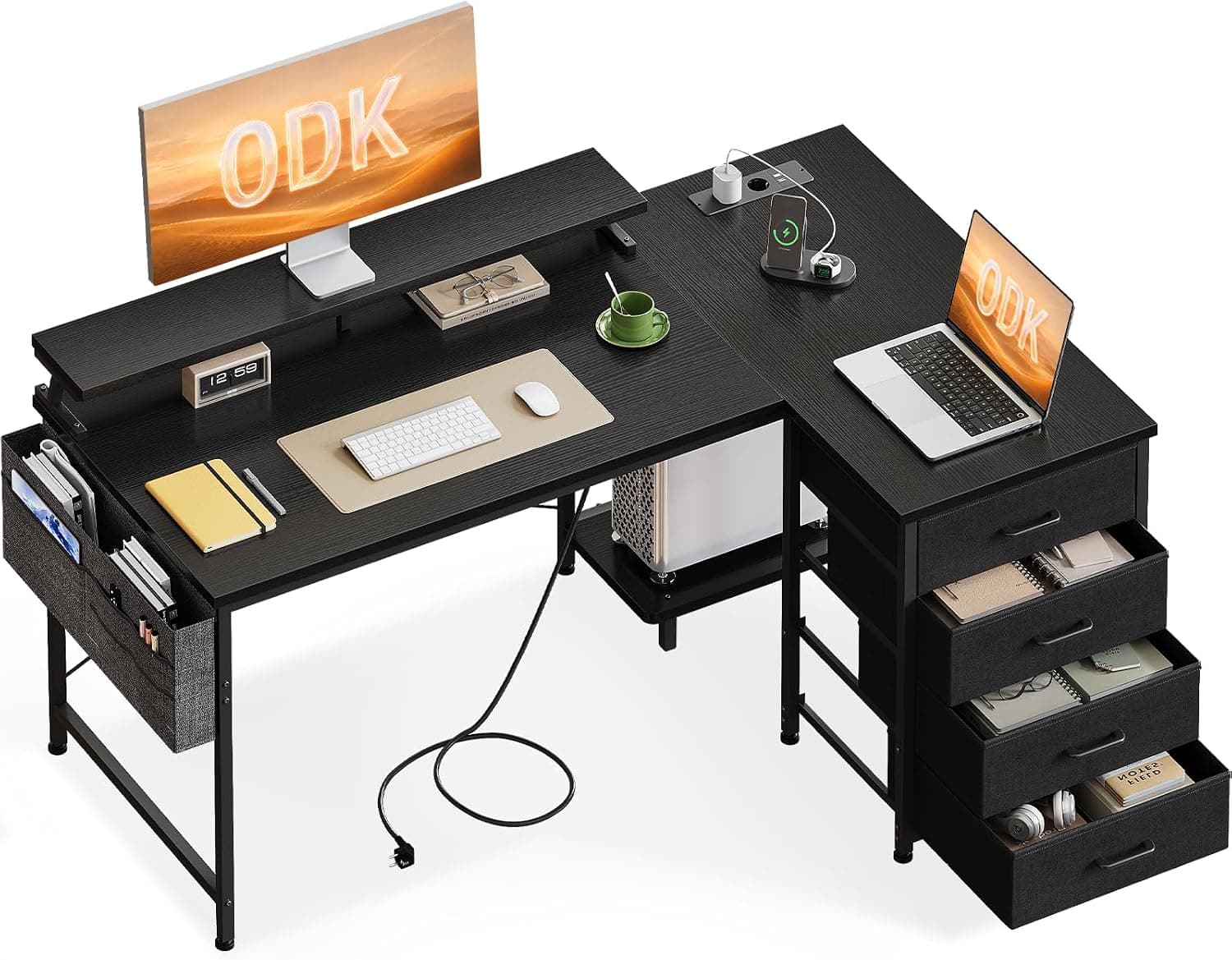 ODK Escritorio Esquinero con 4 Cajones de Tela, 140x80cm, Negro