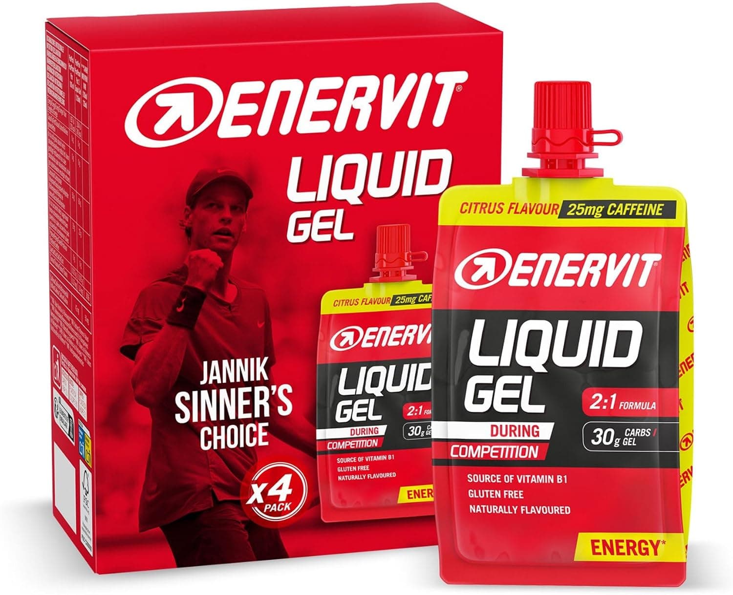 Enervit, Gel Sabor a Cítricos con Cafeína, Ideal para Deportes de Resistencia, Proporciona 30 Gramos de Carbohidratos, con Maltodextrina, Fructosa y Vitamina B1, 4 Unidades de 60 ml