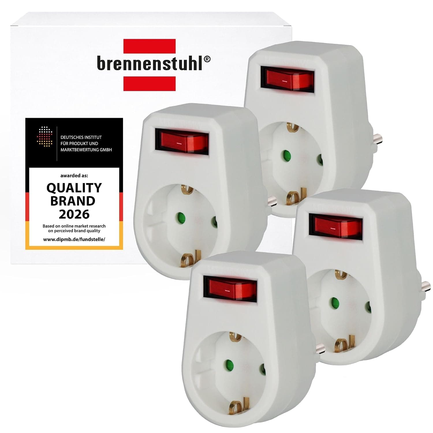 Brennenstuhl Set de 4 adaptadores de enchufe / toma con contacto de protección con interruptor (adaptador intermedio con protección de contacto mejorada) blanco