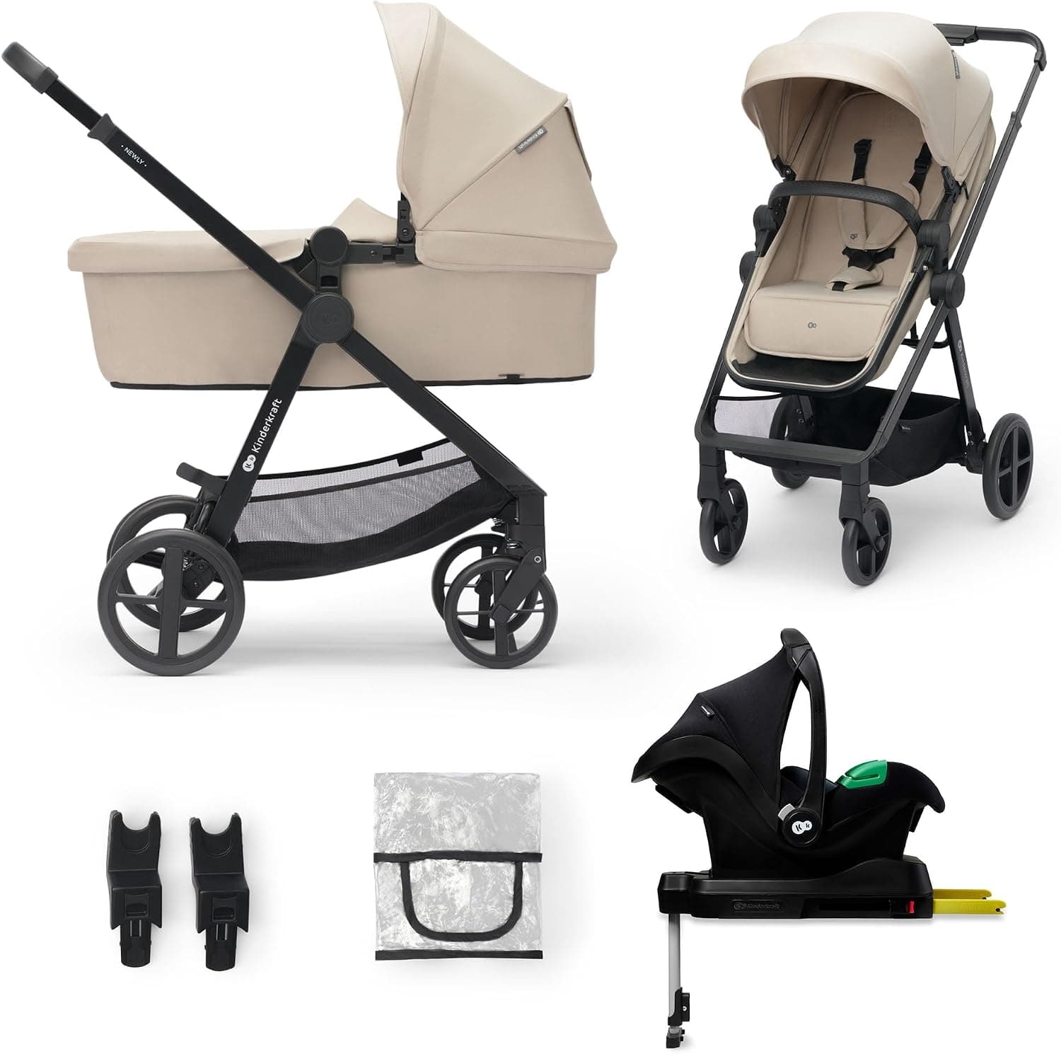 Kinderkraft NEWLY 4 en 1 Carrito, I-Size, Sistema de viaje, Carrito, Silla De Paseo, Silla coche, Base Isofix, Ligera, Carro Bebe, Cochecito 3 Piezas, Plegable, desde el nacimiento hasta 22 kg, Beige