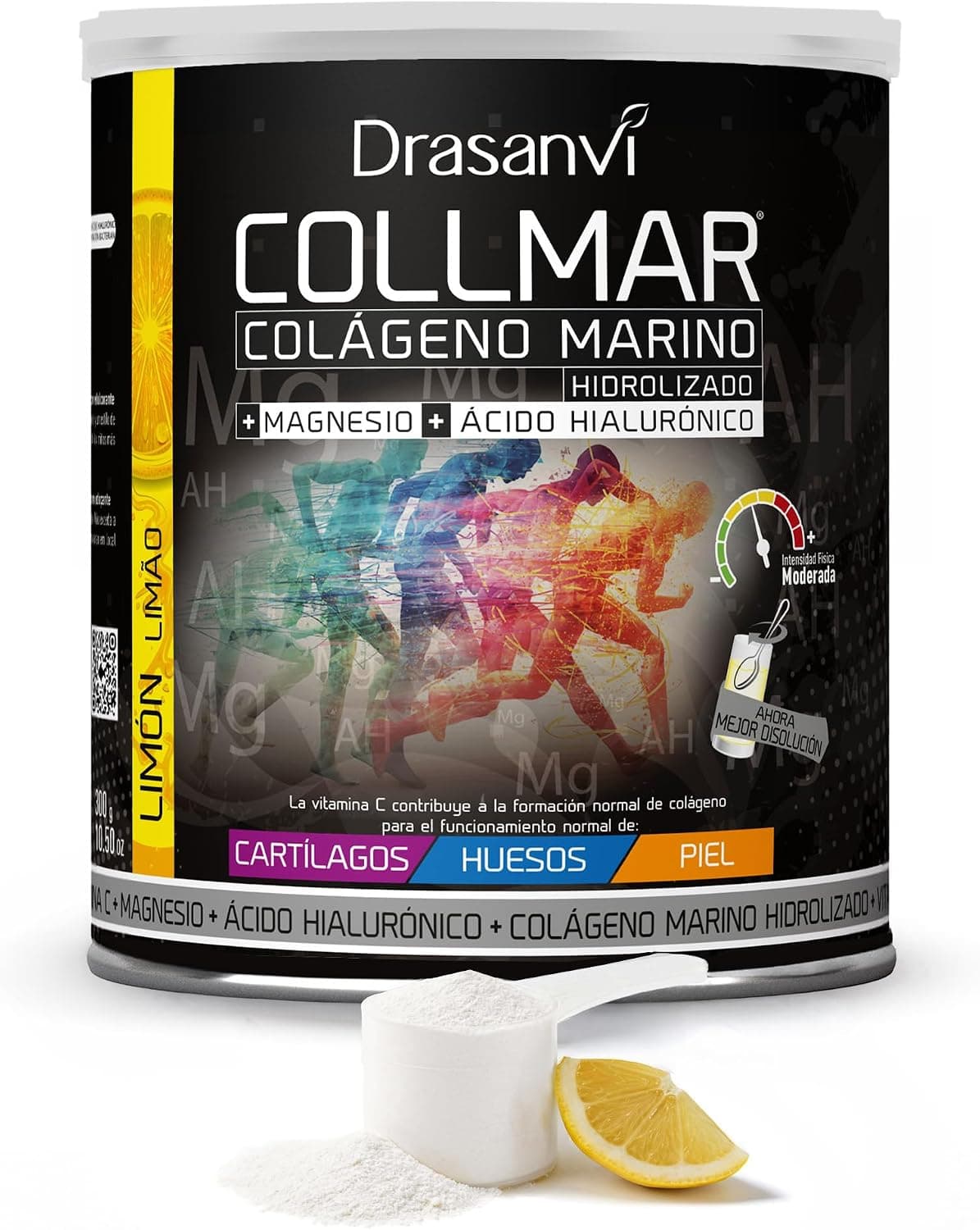 Drasanvi COLLMAR Colágeno Marino Hidrolizado con Ácido Hialurónico, Magnesio, Vitamina C | para Cartílagos, Huesos y Piel |Alta Dosis 9.717 mg/dia |300g de Polvo=28 Días | Sabor Limón
