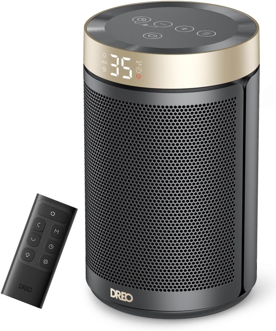 Dreo Calefactor Bajo Consumo Cerámico, con Termostato Portátil, Temporizador 12H, Modo Eco y Ventilador, 1500W PTC Rápido y Seguro para Oficina, Dormitorio y Casa