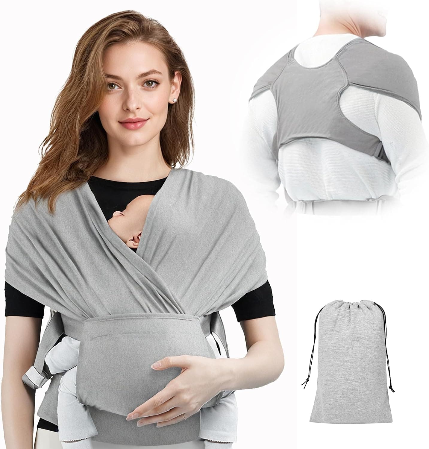 AOOWU Portabebés Portátil, Portabebés Ergonómico Ajustable para Bebés con Hebilla, Fácil de Limpiar Portabebes Multifuncional Porta Bebes de Manos Libres Elástico para Hasta 15kg (Gris Claro)