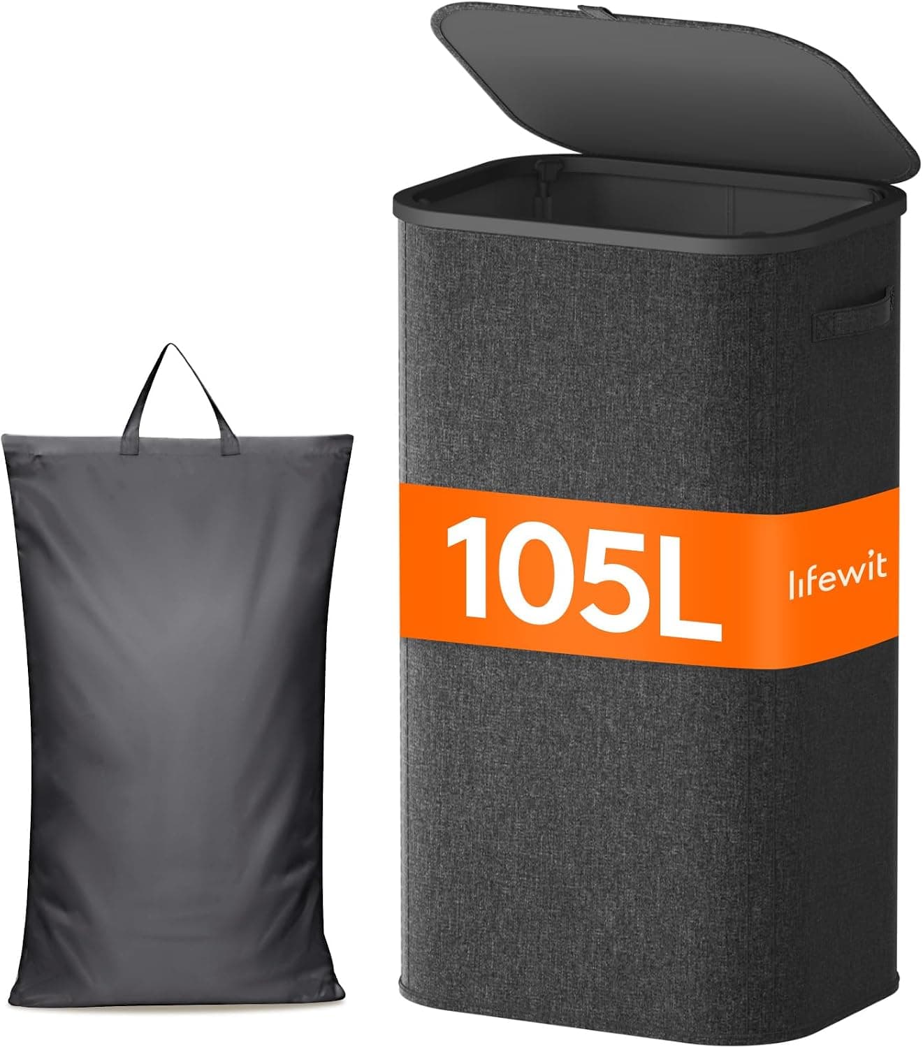 Lifewit Cesto Ropa Sucia, Cesta Ropa Plegable con Bolsa Extraíble y Asa, Cubo Ropa Sucia con Tapa, Laundry Basket para Dormitorio, Baño, Lavandería, Dormitorio, 105 L, Gris Oscuro
