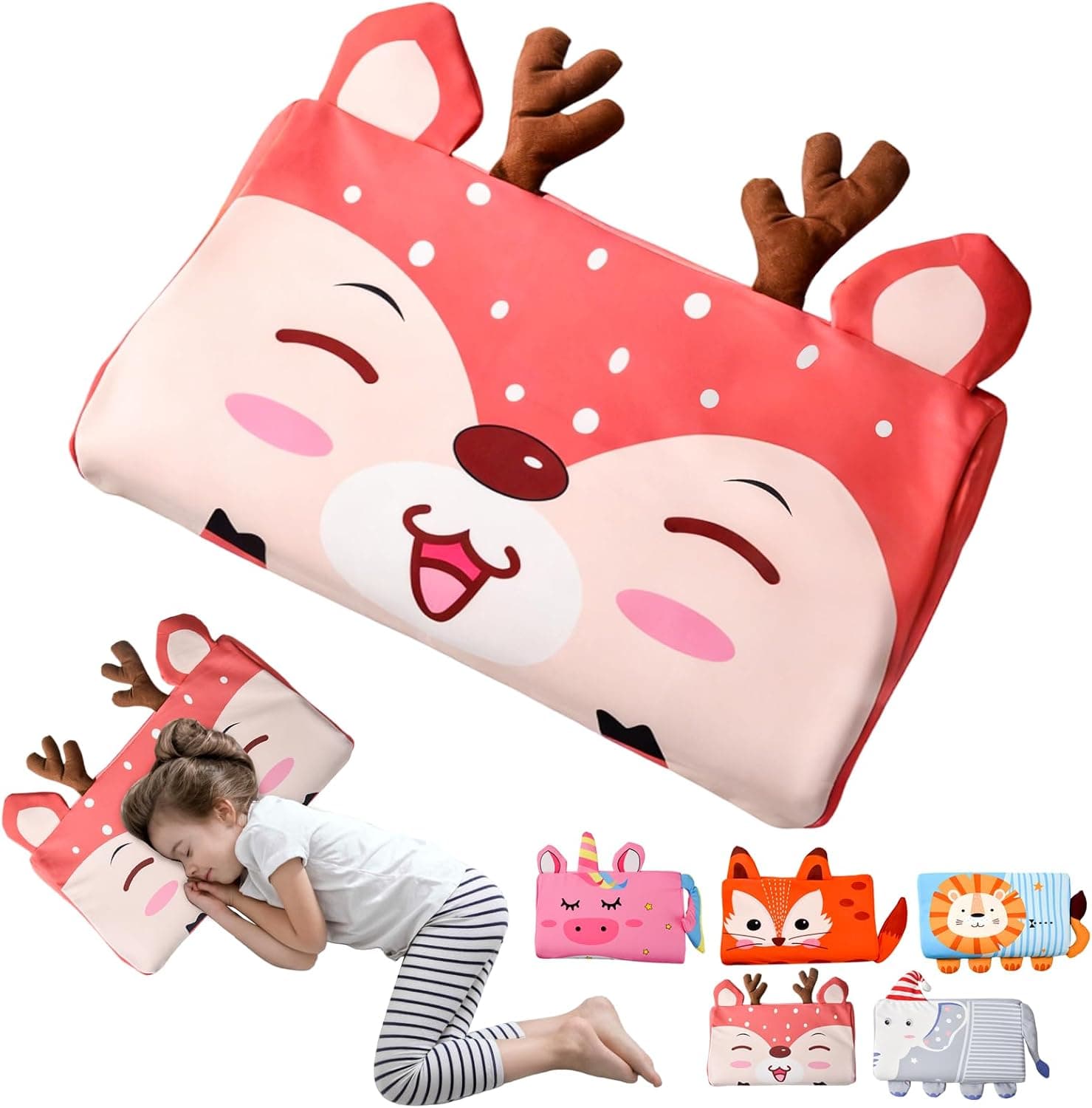 Almohada para Niños, Almohada Bebe, Cojin Bebe con, Almohada Infantil con Funda, Diseño Ergonómico, Transpirable, Hipoalergénico, Ideal para Niños de 3 a 12 Años (Alce)