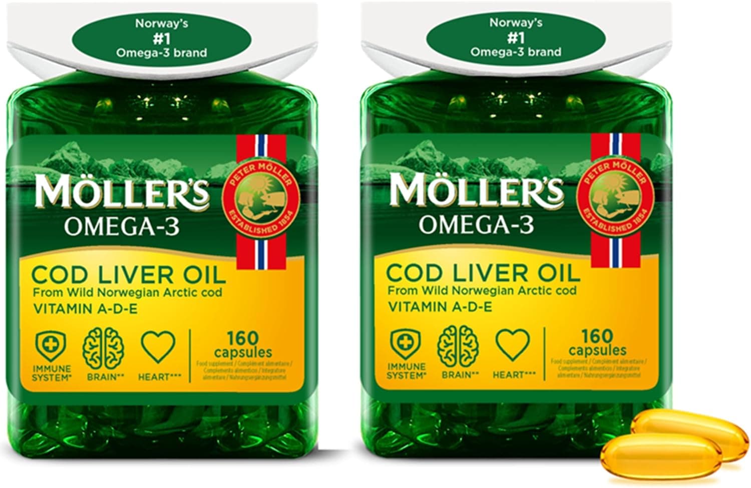 Möller’s ® | Cápsulas de aceite de hígado de bacalao | Ácidos grasos Omega-3 DHA y EPA, con vitaminas A, D y E | Sistema inmune, función cardíaca, función cerebral y visión | 160 cápsulas x 2
