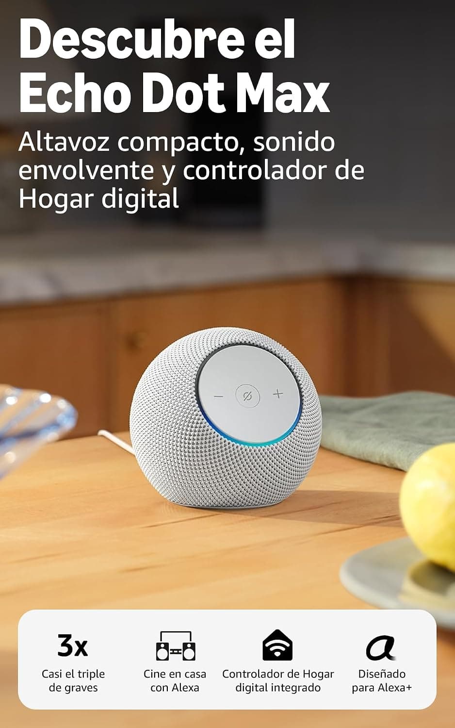 Amazon Echo Dot Max (última generación): altavoz con sonido envolvente y controlador de Hogar digital integrado, Blanco, con Acceso Anticipado a Alexa+