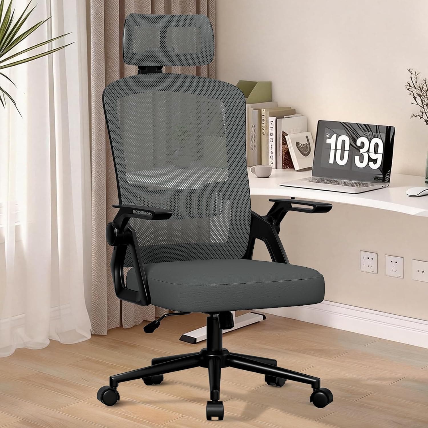 naspaluro Silla Oficina Ergonómica con Reposacabezas Ajustable Gris Oscuro