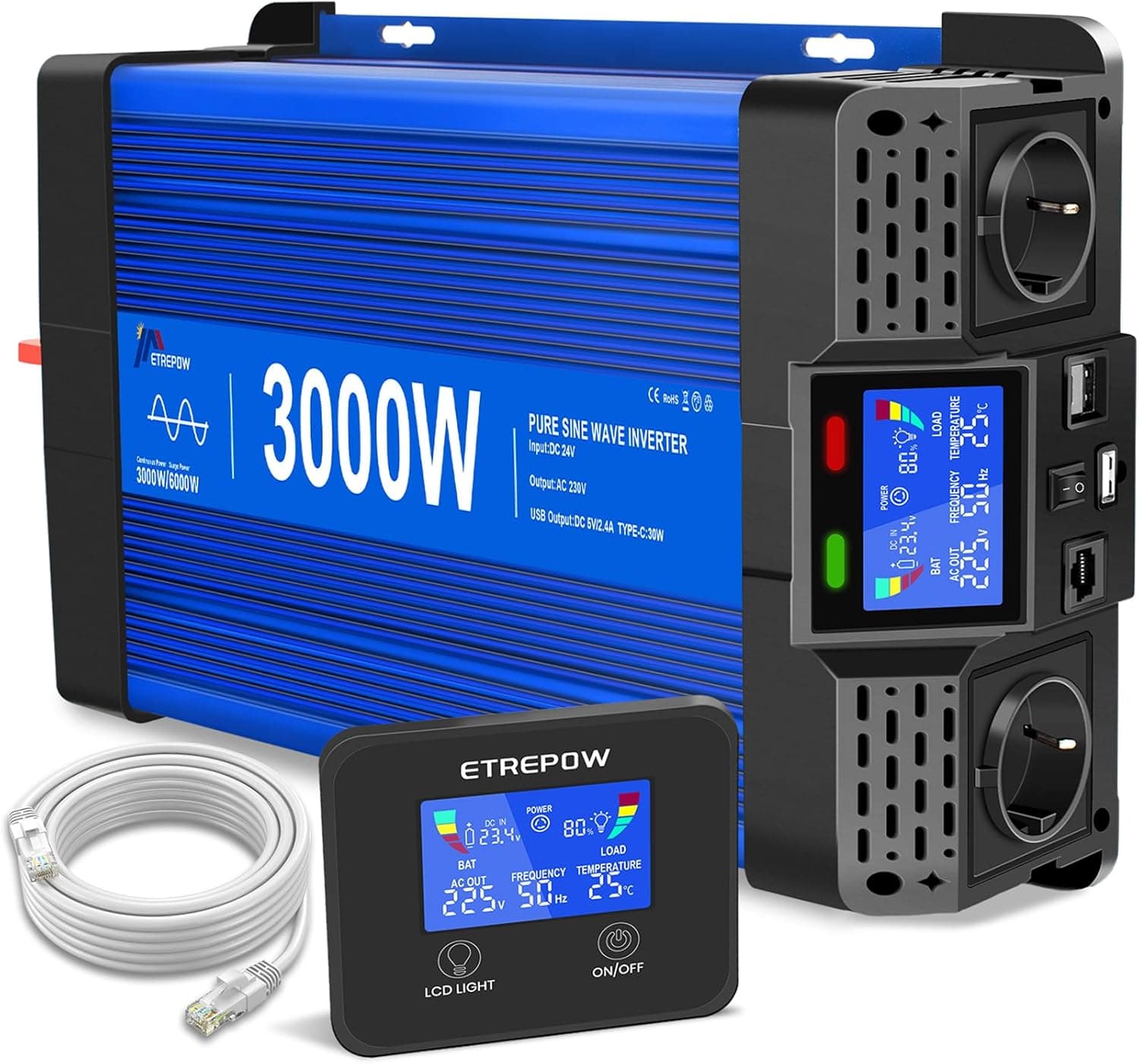 3000W Inversor 24V 220V/230V Onda sinusoidal Pura con 2× LCD