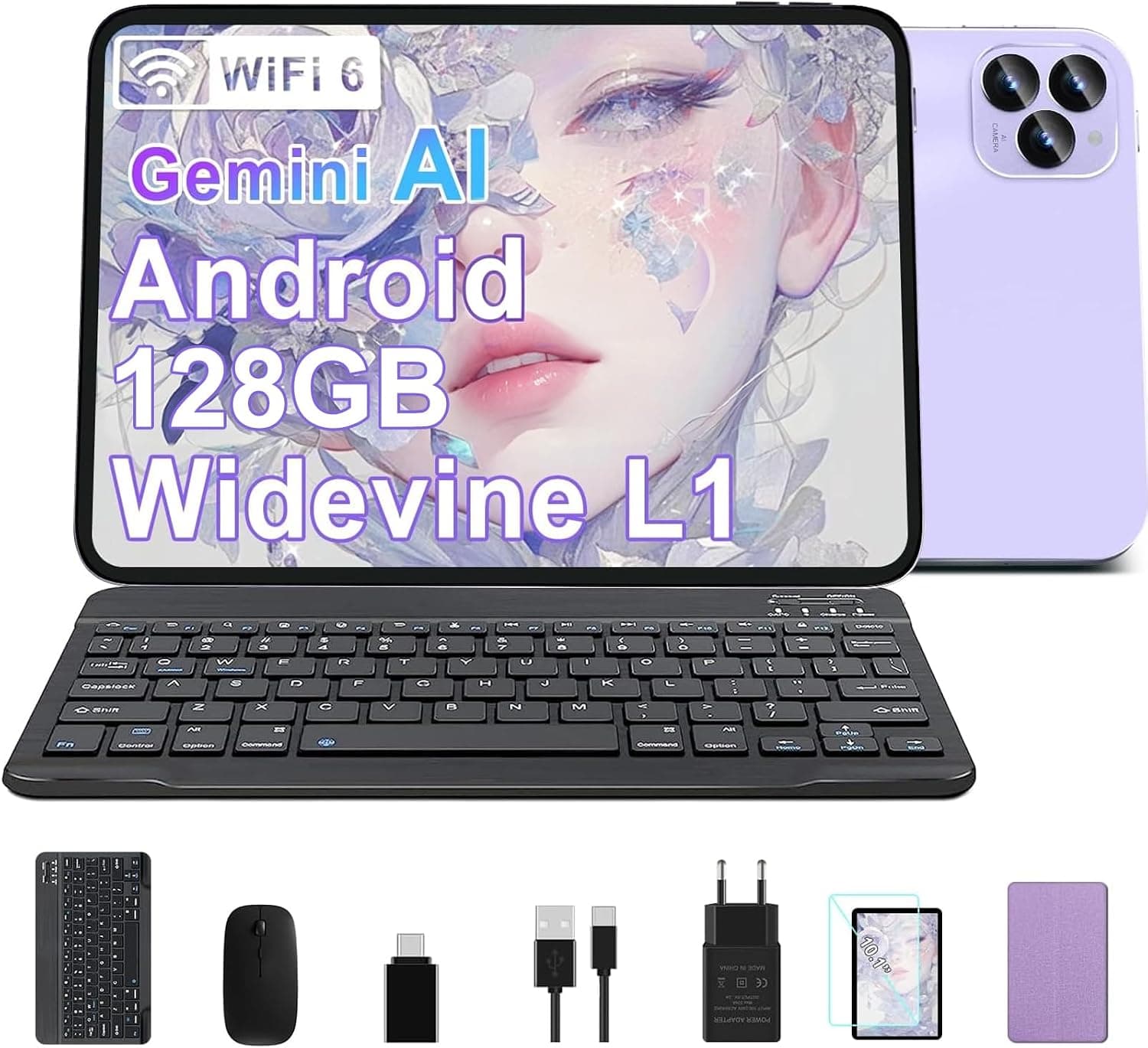 2026 Tablet de 10 pulgadas, Android 15, Octa-Core, 22GB RAM + 128GB ROM (2TB TF) | WiFi 5G + 2.4G | GPS | Bluetooth 5.0 | 8MP + 5MP | Tipo-C, pantalla táctil, teclado y ratón - púrpura