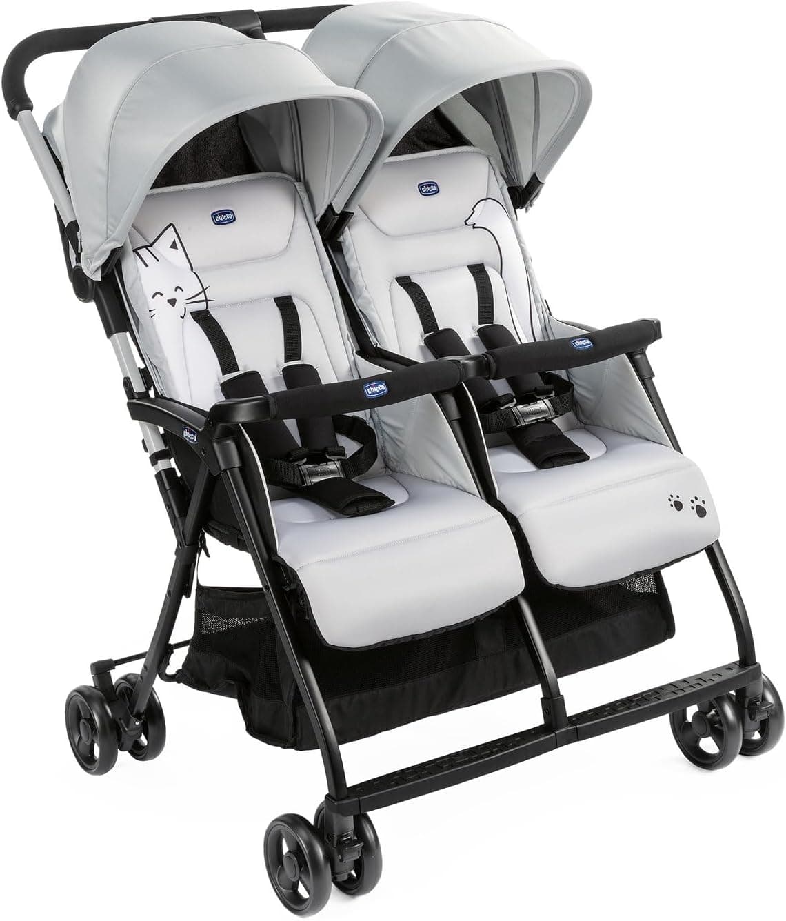 Chicco OHlalà - Cochecito doble doble doble de 0 meses a 15 kg, cochecito ligero reclinable y plegable, reposapiés ajustables, cubierta de lluvia y capota extensible Silver Cat, gris