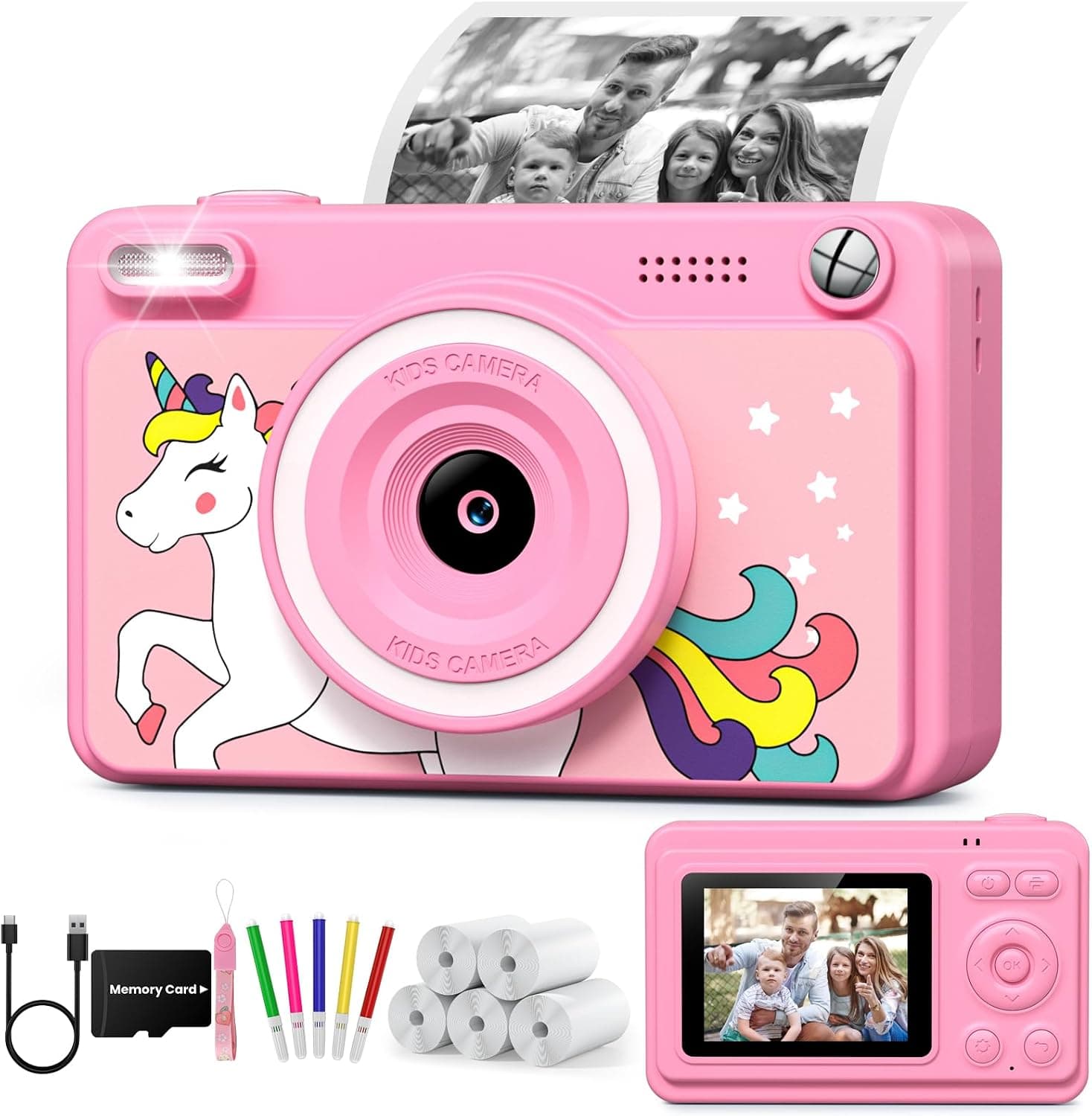 GREENKINDER Camara Fotos Infantil Instantanea,HD/1080P Cámara Instantánea para Niños con Tarjeta y 5 Rollos de Papel Térmico, Regalo de Cumpleaños y Navidad para Niños de 3 a 12