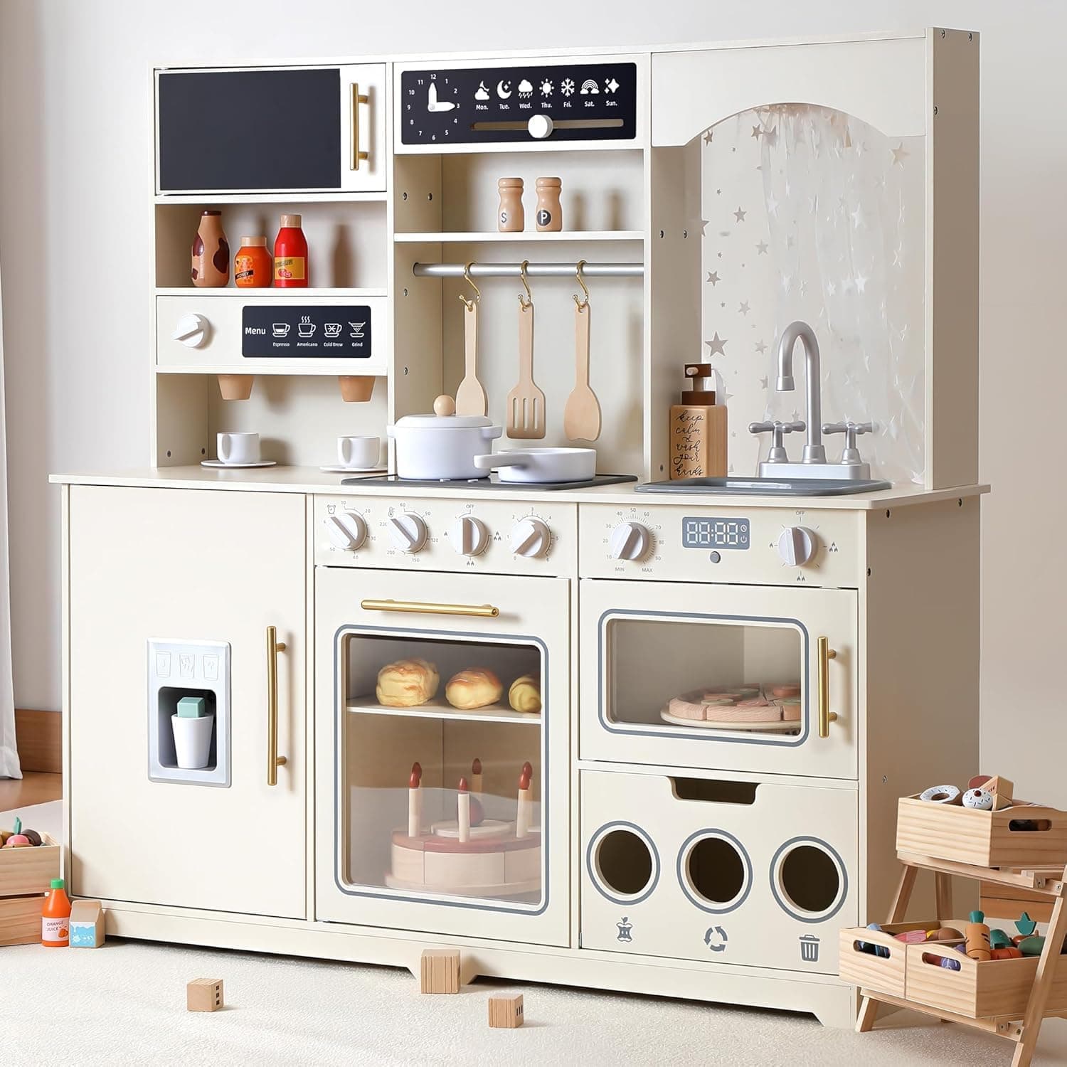 besrey Cocina De Juguete De Madera 105 cm con Luz Y Sonido, Beige