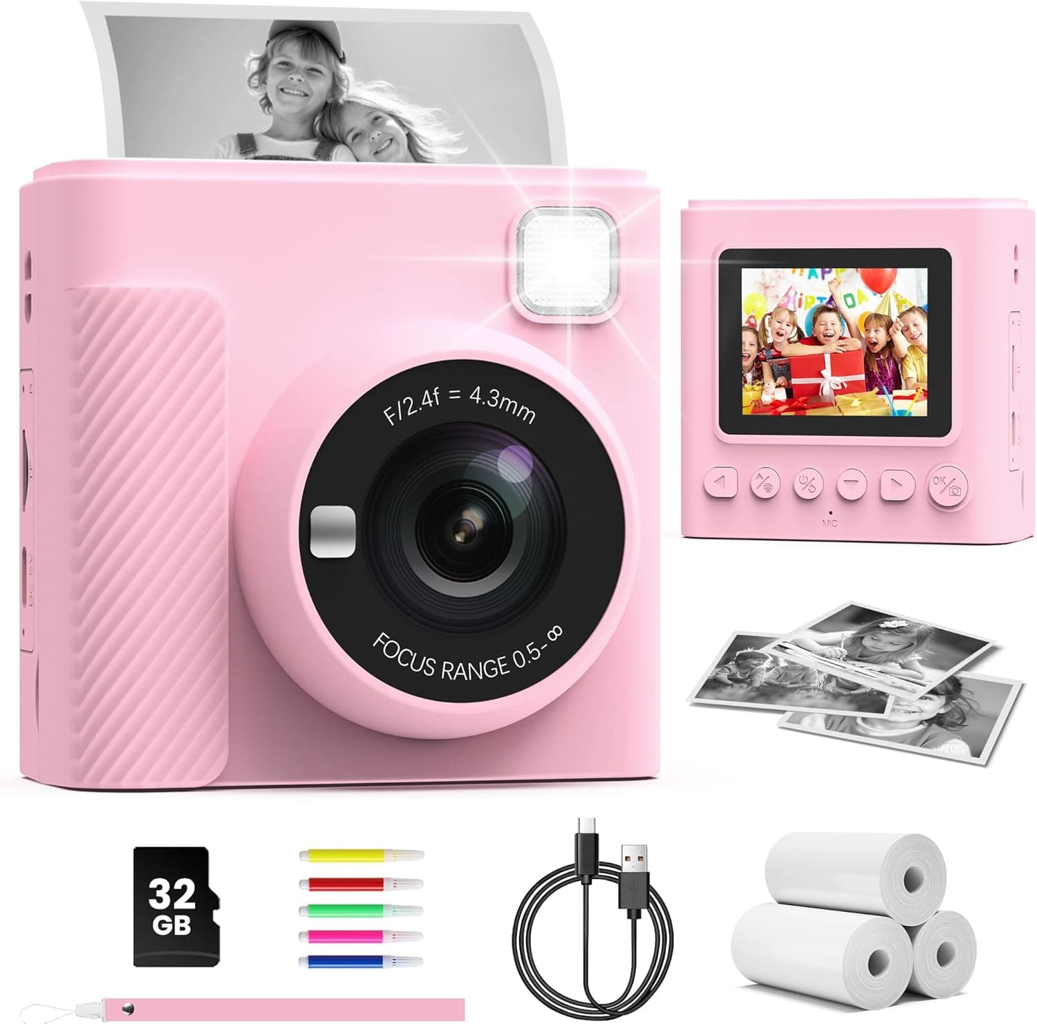 TIATUA Cámara Fotos Infantil Instantánea, 2,4" Selfie 1080P, Rosa