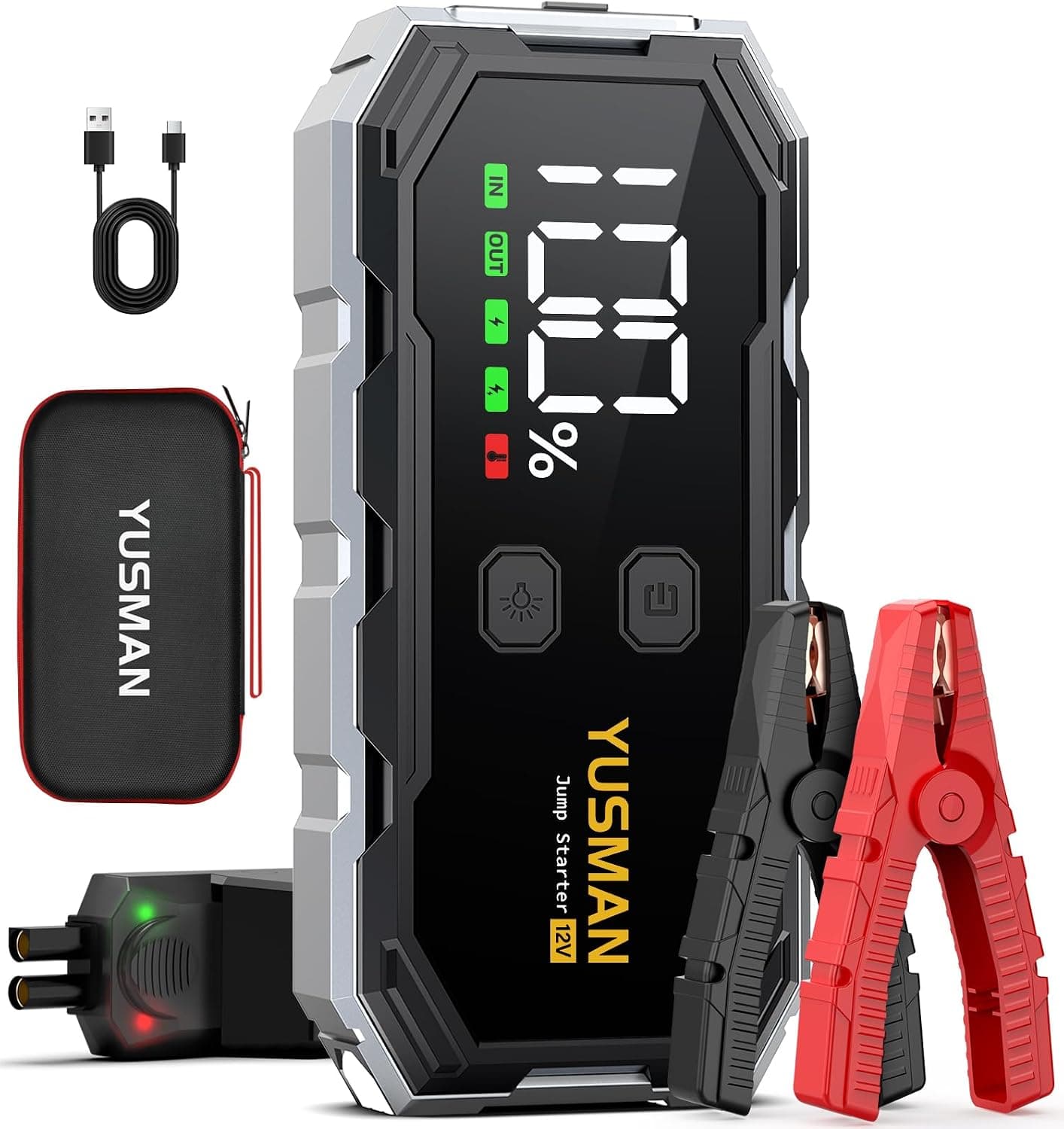 YUSMAN Arrancador de Coche, 10000A Arrancador de Baterias de Coche,12V Arrancador de Portátil con para All Gasolina o 10L Diesel, Linterna LED de Emergencia,Carga Rápida, Pantalla LCD Extragrande