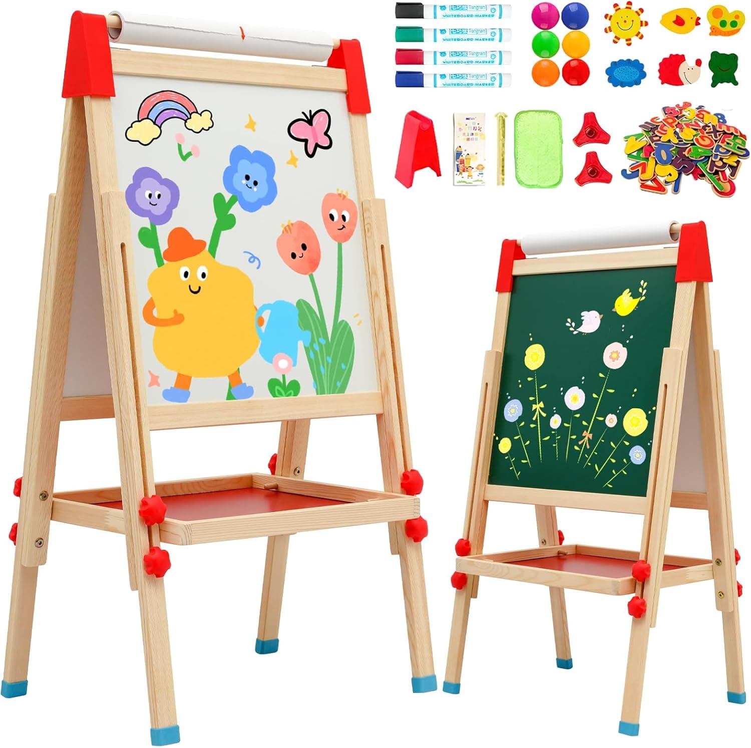 Caballete Infantil con Rollo de Papel,Caballete de Madera de Doble Cara para Niños,Pizarra Blanca y Pizarra Ajustable con Accesorios, Regalo de Cumpleaños para Niños y Niñas