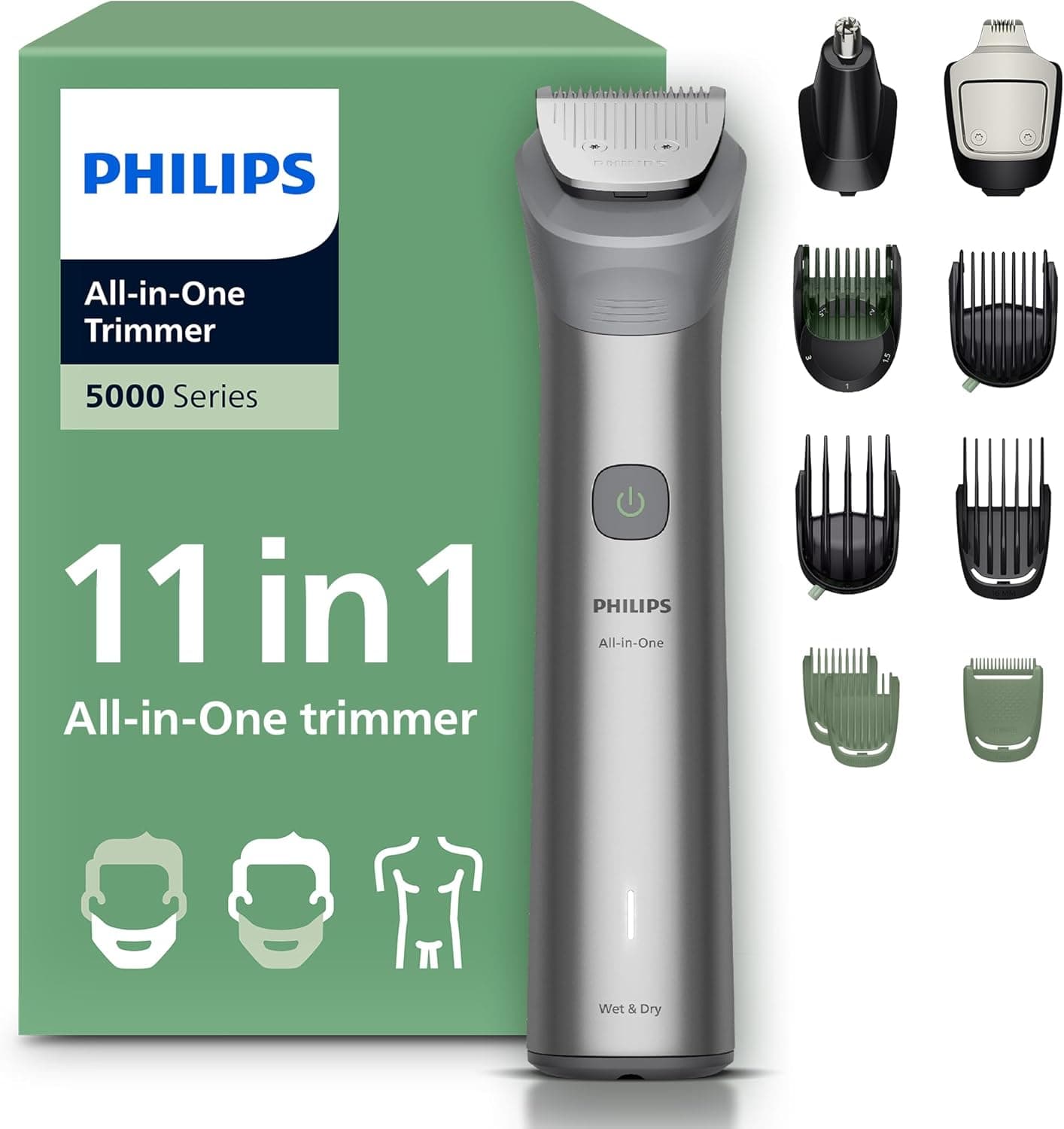 Philips Recortadora todo en uno de 11 en 1 Serie 5000 - Afeitadora y cortapelos hombre para rostro, cabeza y cuerpo, cuchillas de acero autoafilables, 17 longitudes, recargable, MG5951/15
