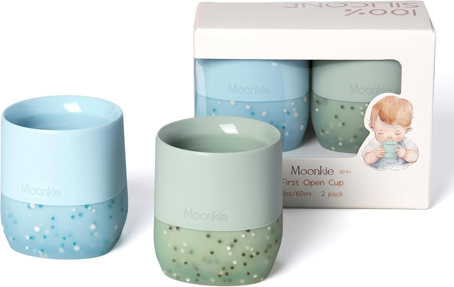 Moonkie Vaso Bebé de Silicona, Paquete de 2 Vasos 60 ml con Base Ponderada, para Bebé desde 4 Meses, sin BPA, Marcas de Capacidad, Apto para Lavavajillas y Microondas(Éter/Menta)