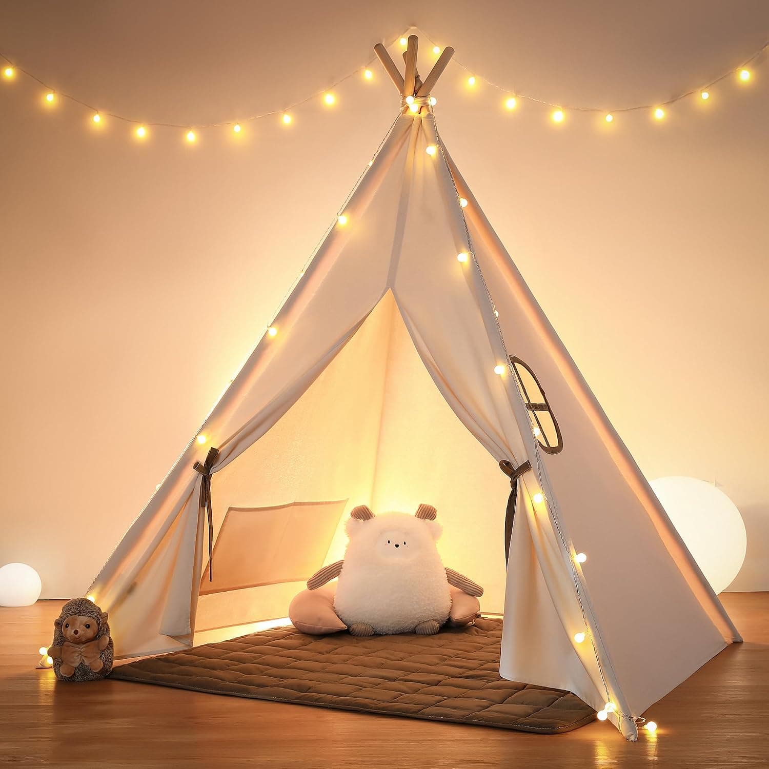 besrey Tipi Infantil Indio para Niños Tienda de Campaña Infantil Canvas Tipi de algodón con Alfombra Acolchado y Luces de Hadas (Marfil Y Marrón)
