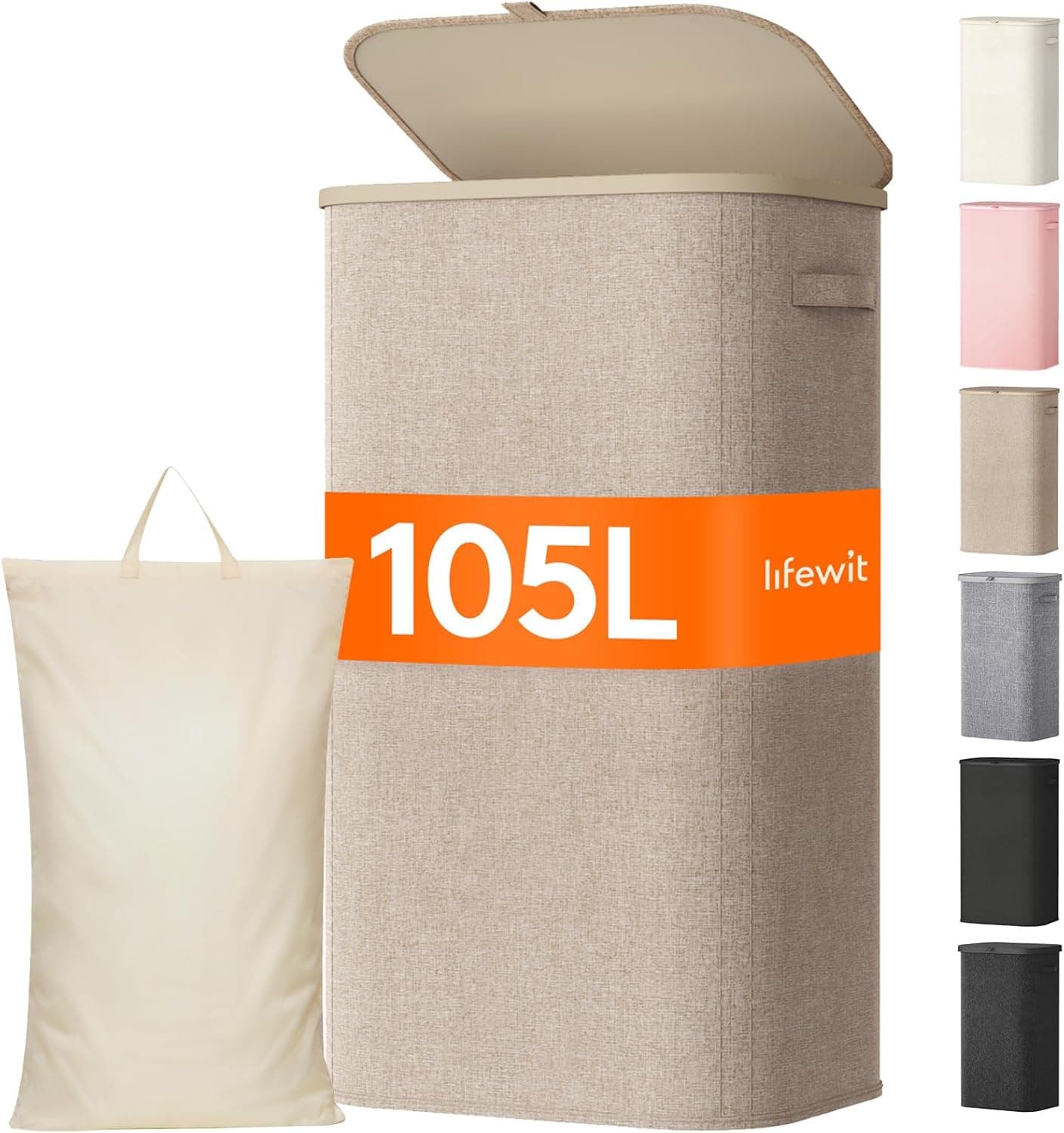 Lifewit Cesto Ropa Sucia, Cesta Ropa Plegable con Bolsa Extraíble y Asa, Cubo Ropa Sucia con Tapa, Laundry Basket para Dormitorio, Baño, Lavandería, Dormitorio, 105 L, Beige