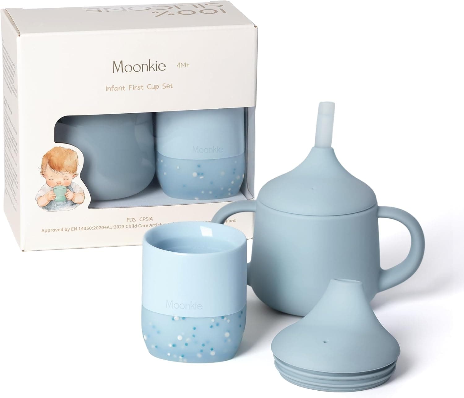 Moonkie Vaso Aprendizaje Bebe, Juego de Taza Silicona 60 ml & Vaso Antiderrame de 3 Etapas 120 ml, Vaso Agua Bebe 4 Meses +, sin BPA, 6~12 Meses, Apto para Lavavajillas(Juego de Éter)