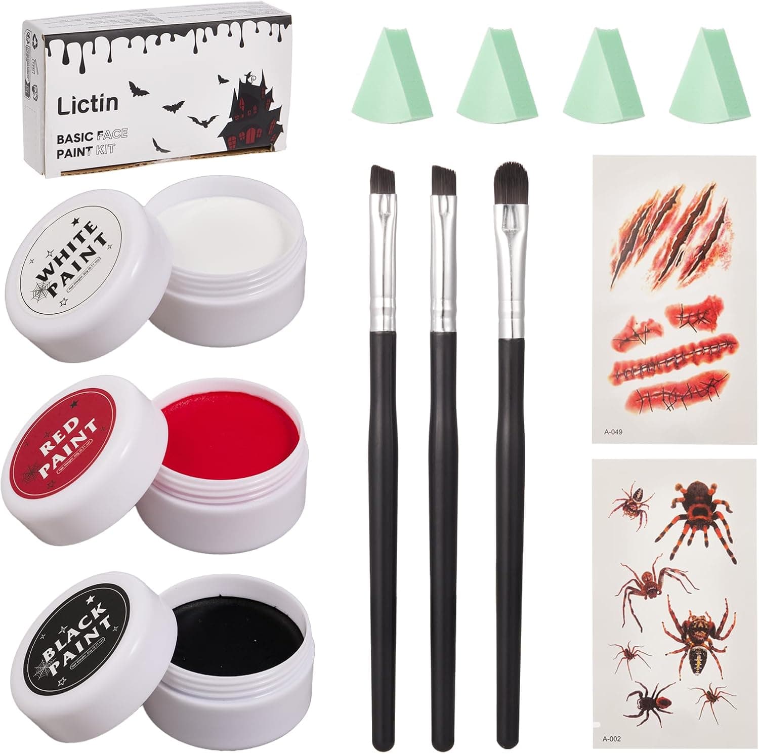 Lictin Maquillaje Halloween-3 Colores, Negro Rojo y Blanco, contiene 3 pinceles,2 esponjas y 2 pegatinas para tatuajes.Pintura Facial Halloween,¡ideales para zombis, vampiros, monstruos y cosplay