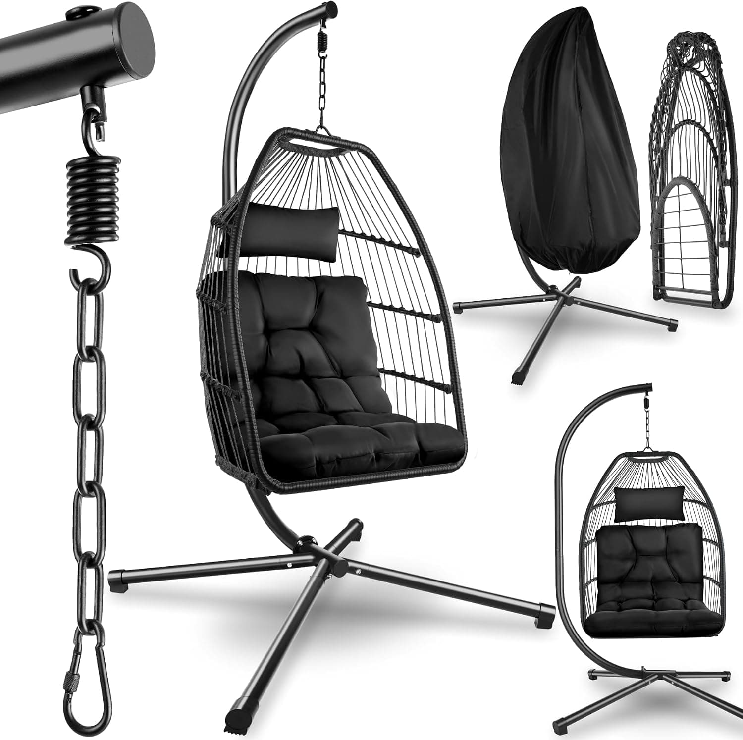 tectake® Columpio Jardín Exterior, Silla Colgante con Cojín Extragrueso, Sillón Balancín con Estructura de Acero y 4 Pies en Base, Hamaca Colgante Interior/Exterior, Plegable, Capacidad 160Kg - Negro