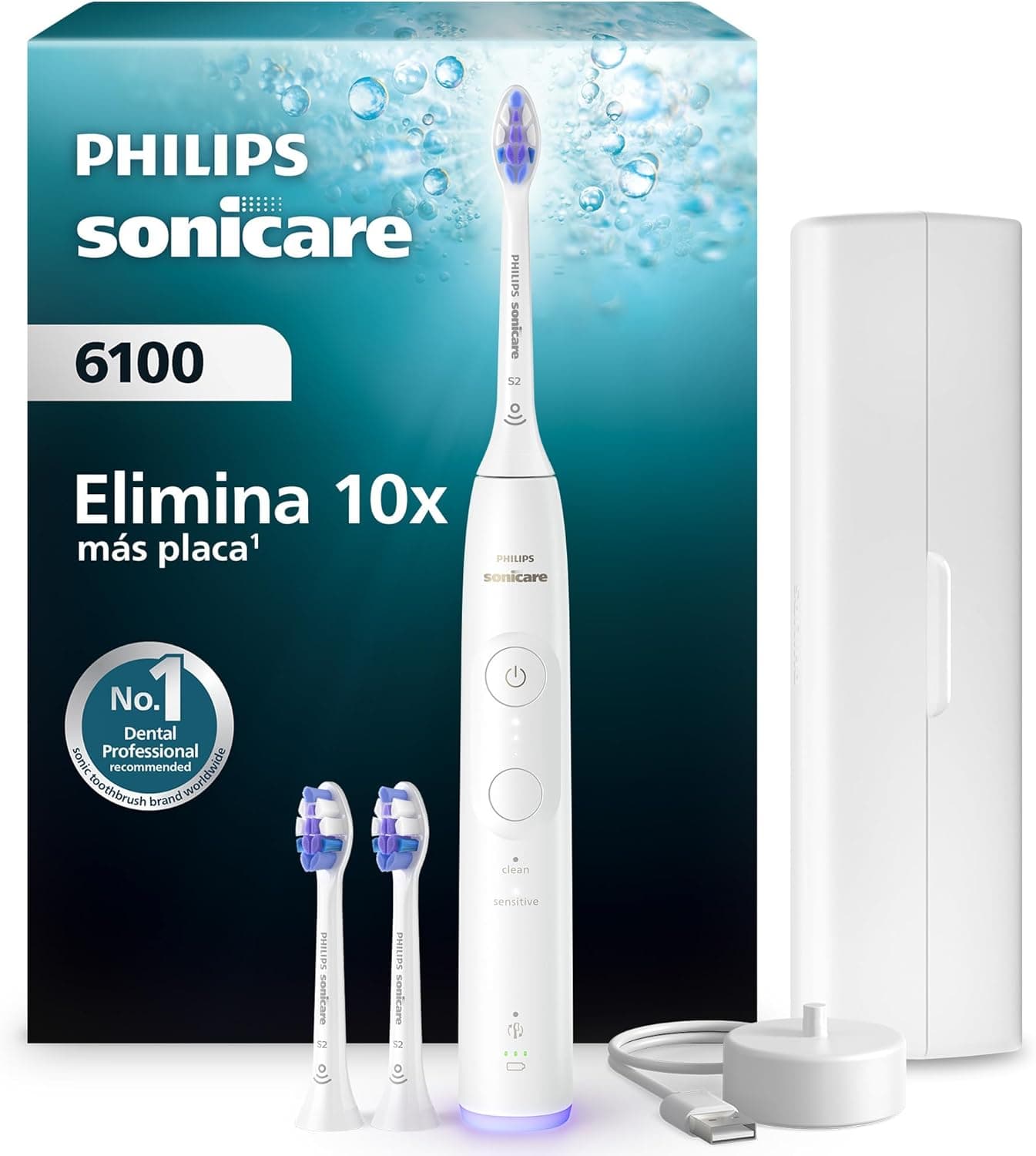 Philips Sonicare 6100 cepillo dental eléctrico, sónico con 2 modos de cepillado y 3 niveles de intensidad, EasyStart, estuche de viaje, blanco, HX7400/02 [Nueva Tecnología]