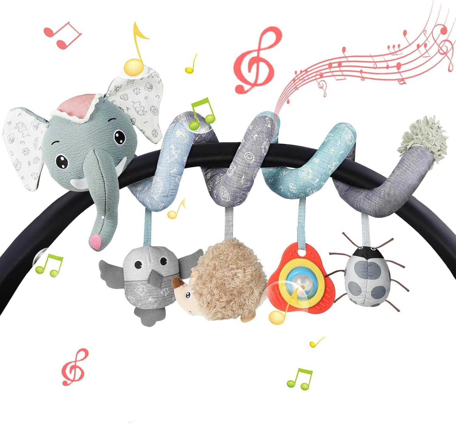 Vicloon Colgantes para Cochecitos Juguetes para Bebé de 0 a 24 Meses, Juguetes de Peluche en Espiral para Bebé con Mordedor y Sonajero, para Cochecitos/Cunas/Asientos de Automóviles (Elefante Gris)