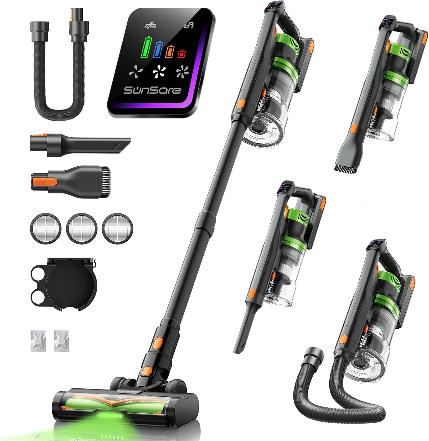 SunSare Aspiradora sin Cable 600W/50KPA/65Min (Eco), 1.8L Aspirador Sin Cable con Manguera de 1M, Aromaterapia, Luz LED Verde, Pantalla LED Inteligente, para Pelo de Mascotas, Alfombras, Pisos, Coche