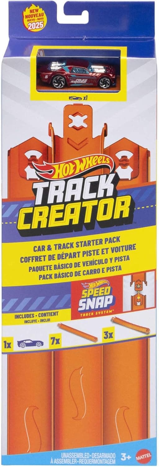 Hot Wheels Toy Car Track Set, Track Creator Starter Pack with 1:64 Scale Die-Cast Vehicle, 10 Feet of Speed Snap Flex & Molded Track with 2 Adapters, JDW43