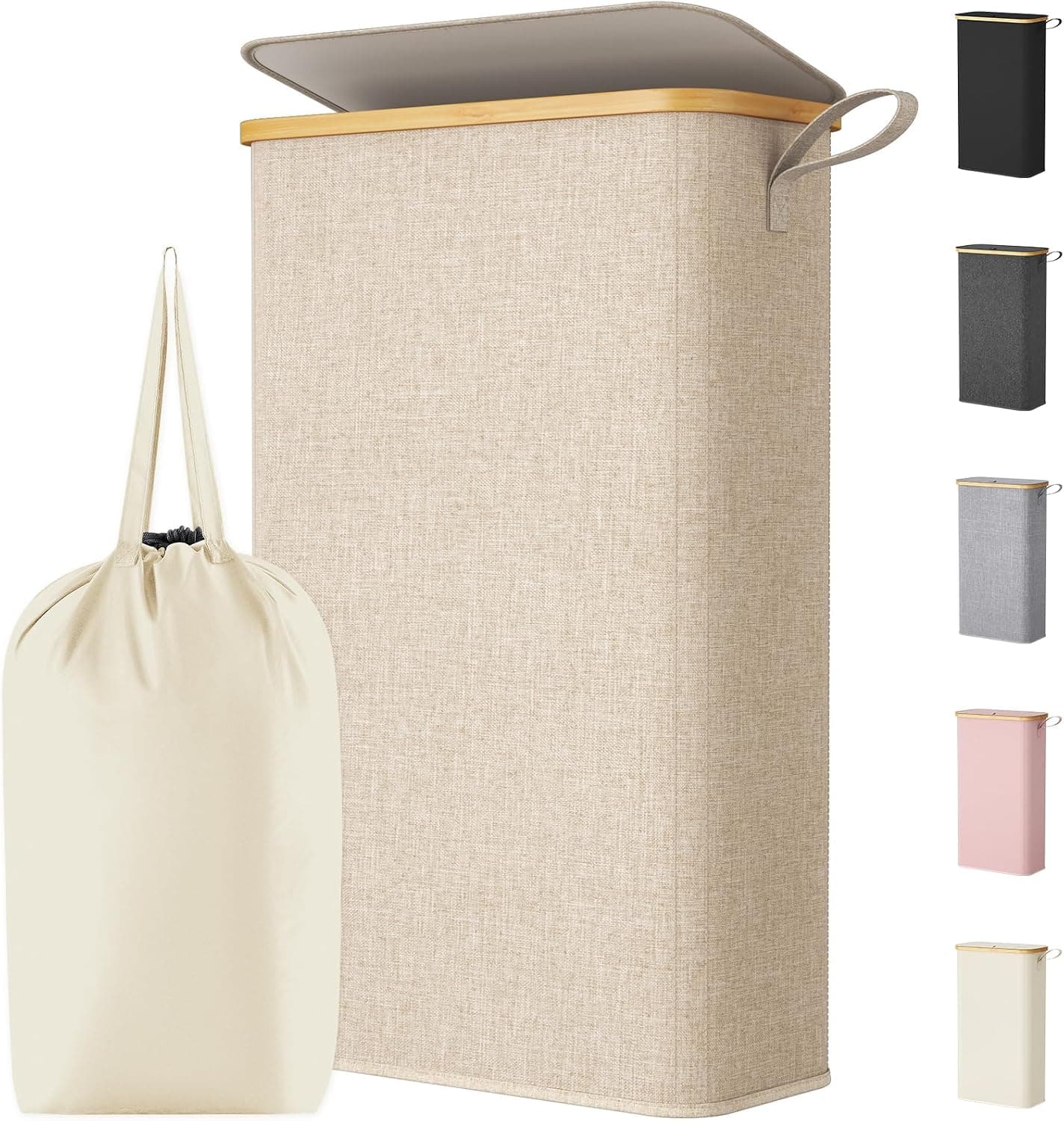 Lifewit Cesto Ropa Sucia Estrecho con Tapa, Cesto de Ropa Plegable con Bolsa Extraíble y Asa, Cesta Ropa Sucia de Bambú, Cubo de Ropa para Dormitorio, Baño, Lavandería, Dormitorio, 70 L, Beige