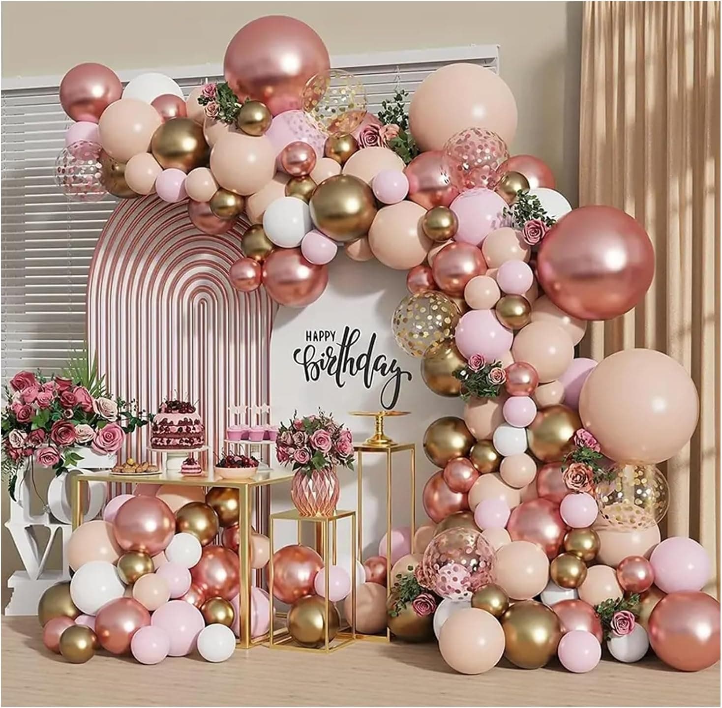 Kit de Arco de Globos En Oro Rosa; Globos Rosas Dorados Blancos y Beige