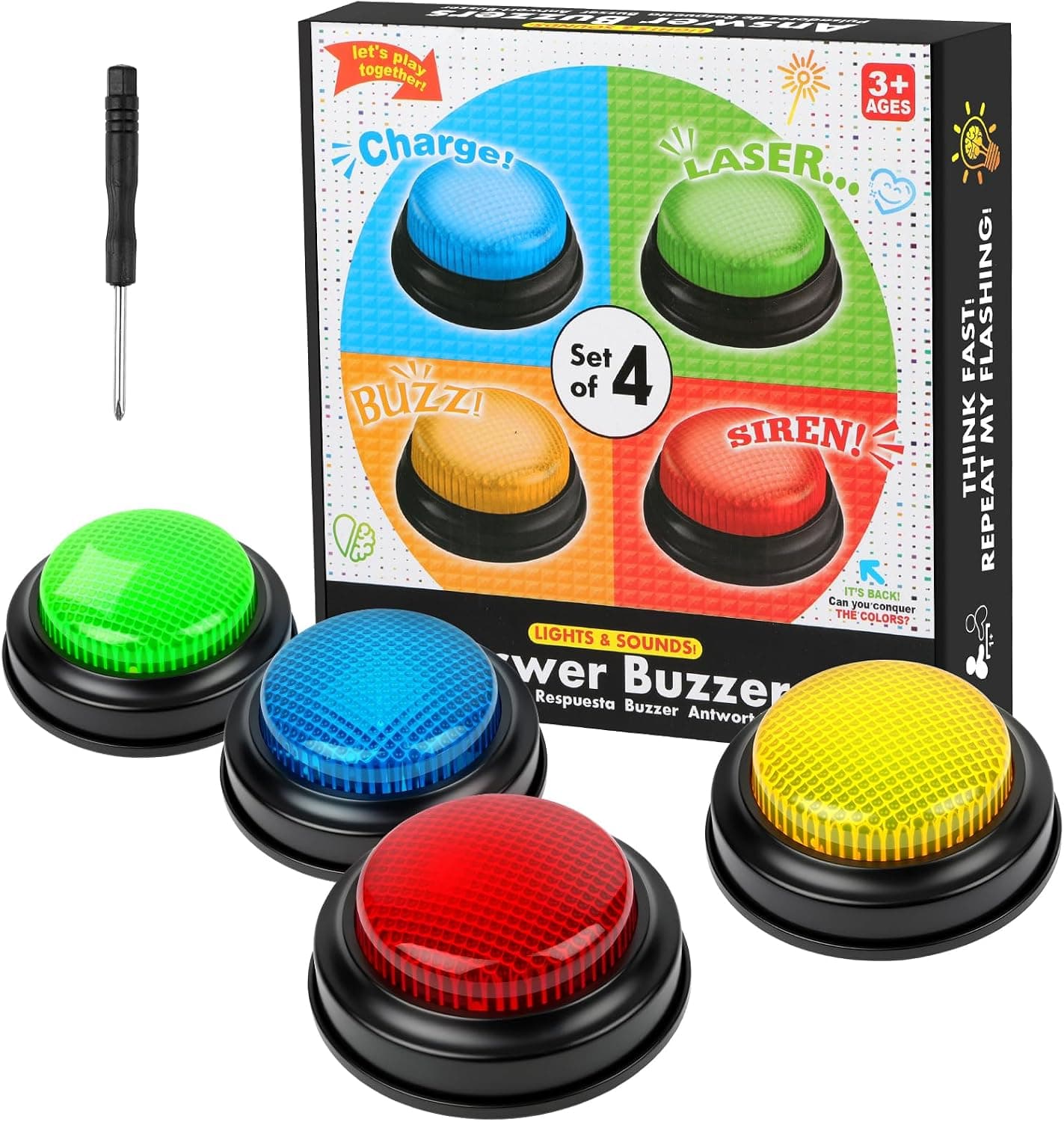 Botones de Respuesta, Accesorio para Quizz Timbre Luminoso y sonoro, Color Surtido, 4 Unidades, Juegos Educativos Regalos