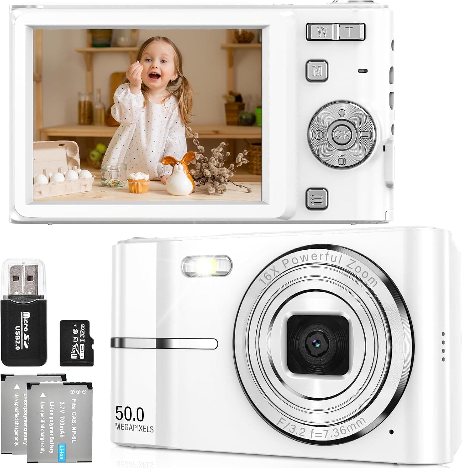 Cámara Digital Compacta 50MP 1080P FHD con Zoom 16X, Tarjeta 32GB Recargable, Portátil para Niños, Principiantes y Adultos (Blanco)