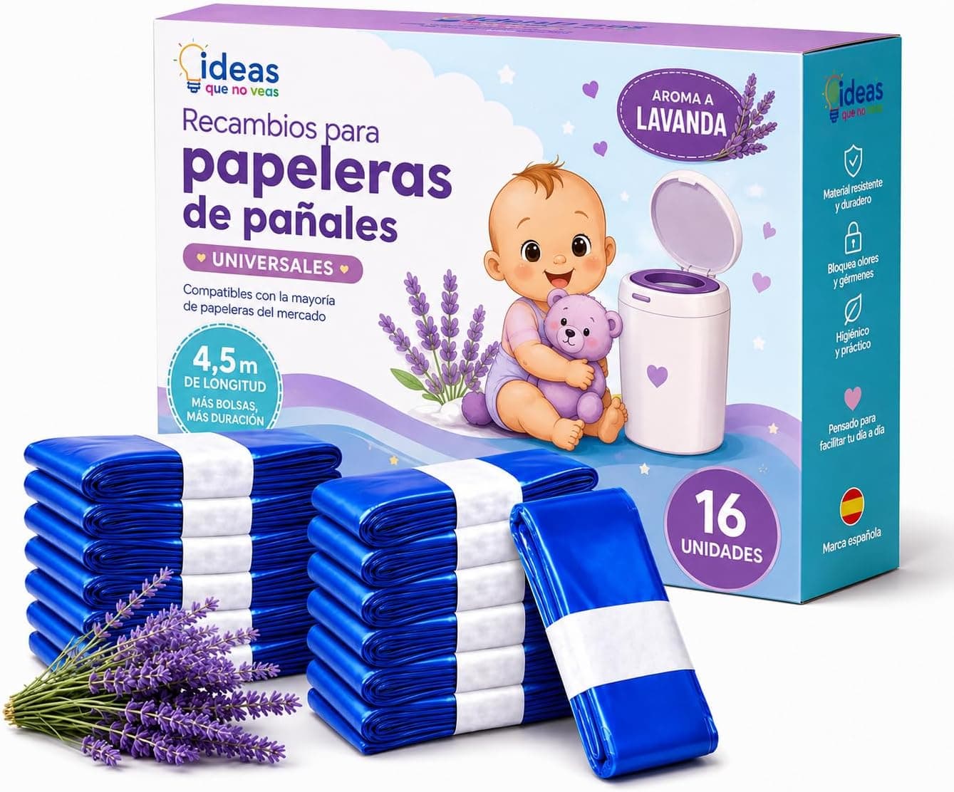 Bolsas Cubos de Pañales 16 Unidades Material EVOH y aroma a Lavanda, Recambios de bolsas para Papeleras de Pañales | Pañaleras Material EVOH de alta resistencia 4.5 metros | Compatible universal