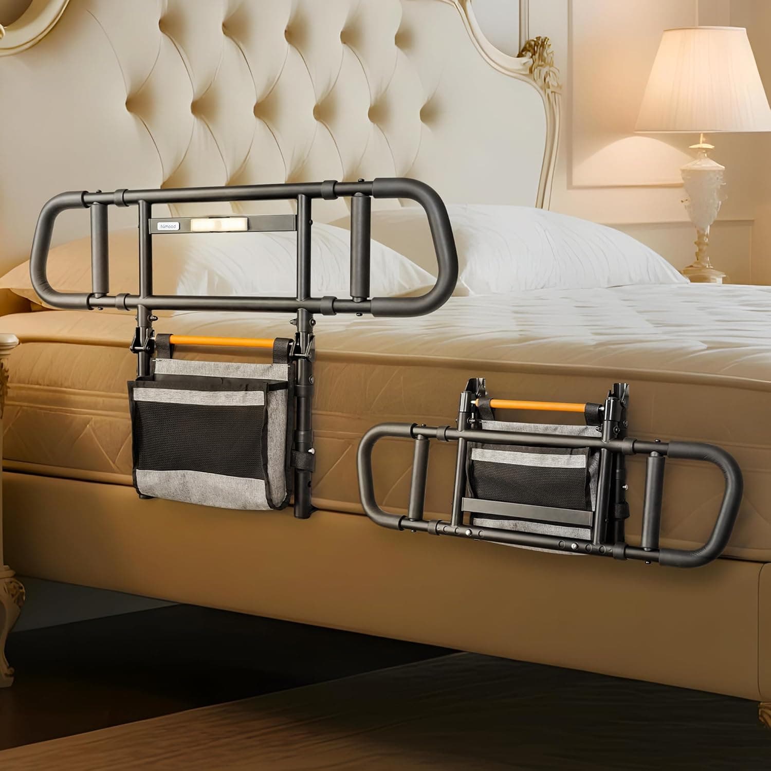 Barandilla de Cama para Adultos con Asa Ampliada, Altura y Anchura Ajustables, Diseño Plegable con Luz LED y Bolsa de Almacenamiento