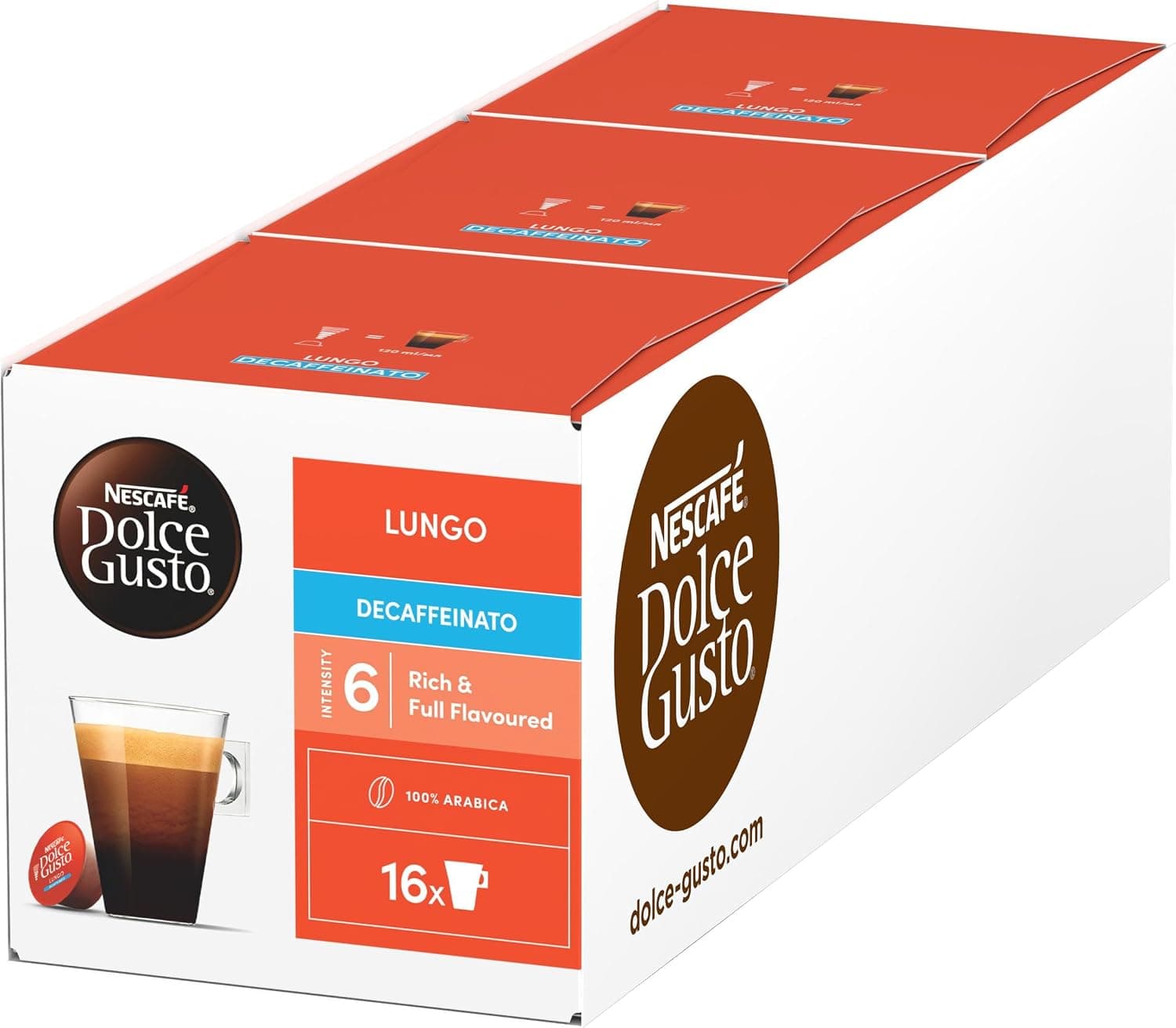 NESCAFÉ Dolce Gusto Lungo Descafeinado - Cápsulas de Café, 48 Cápsulas (3 x 16) - Originales para cafeteras Dolce Gusto
