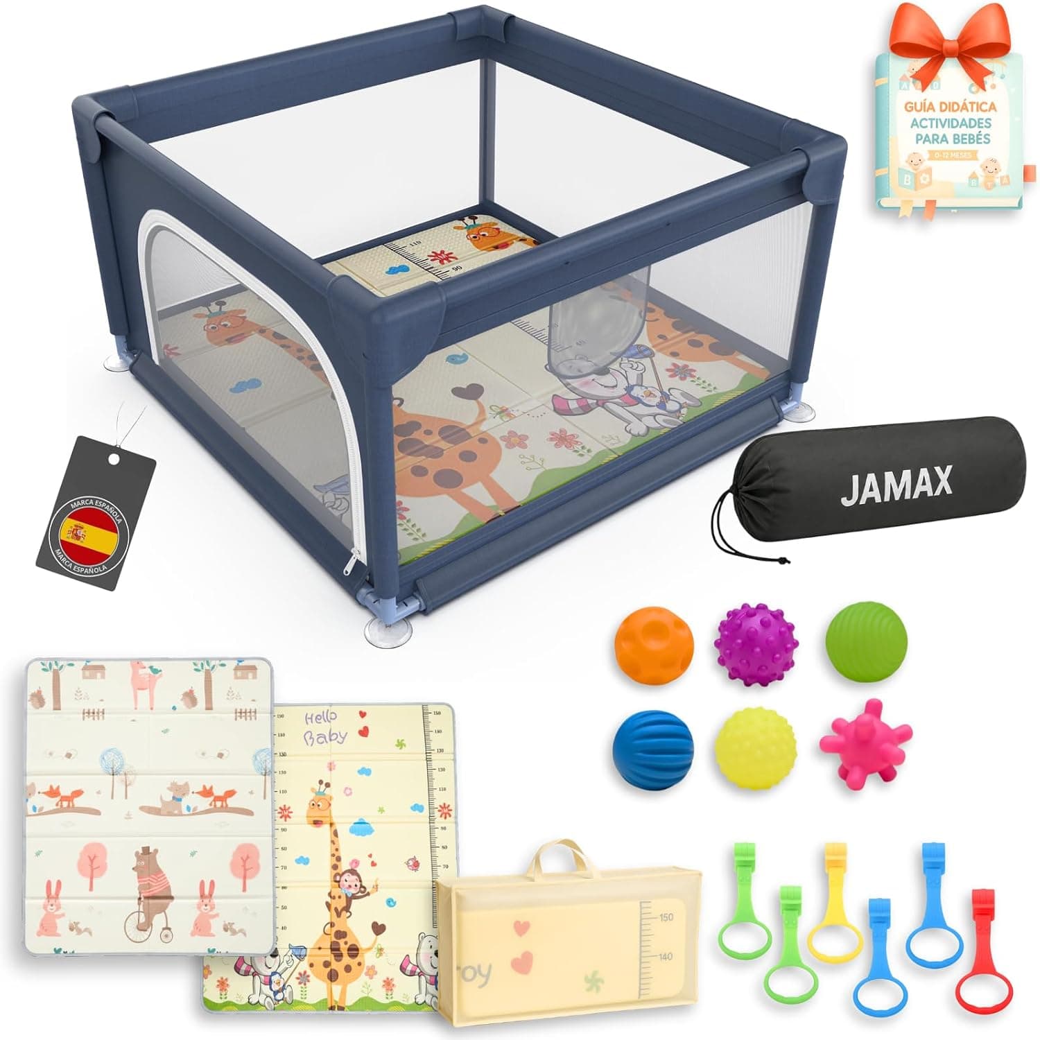 JAMAX Parque Infantil Bebe 120x120 | Corralito bebe | Parque bebe Alfombra Acolchada Reversible 1,5 cm de Grosor + 6 Pelotas Sensoriales +6 Agarraderas + Bolsa transporte